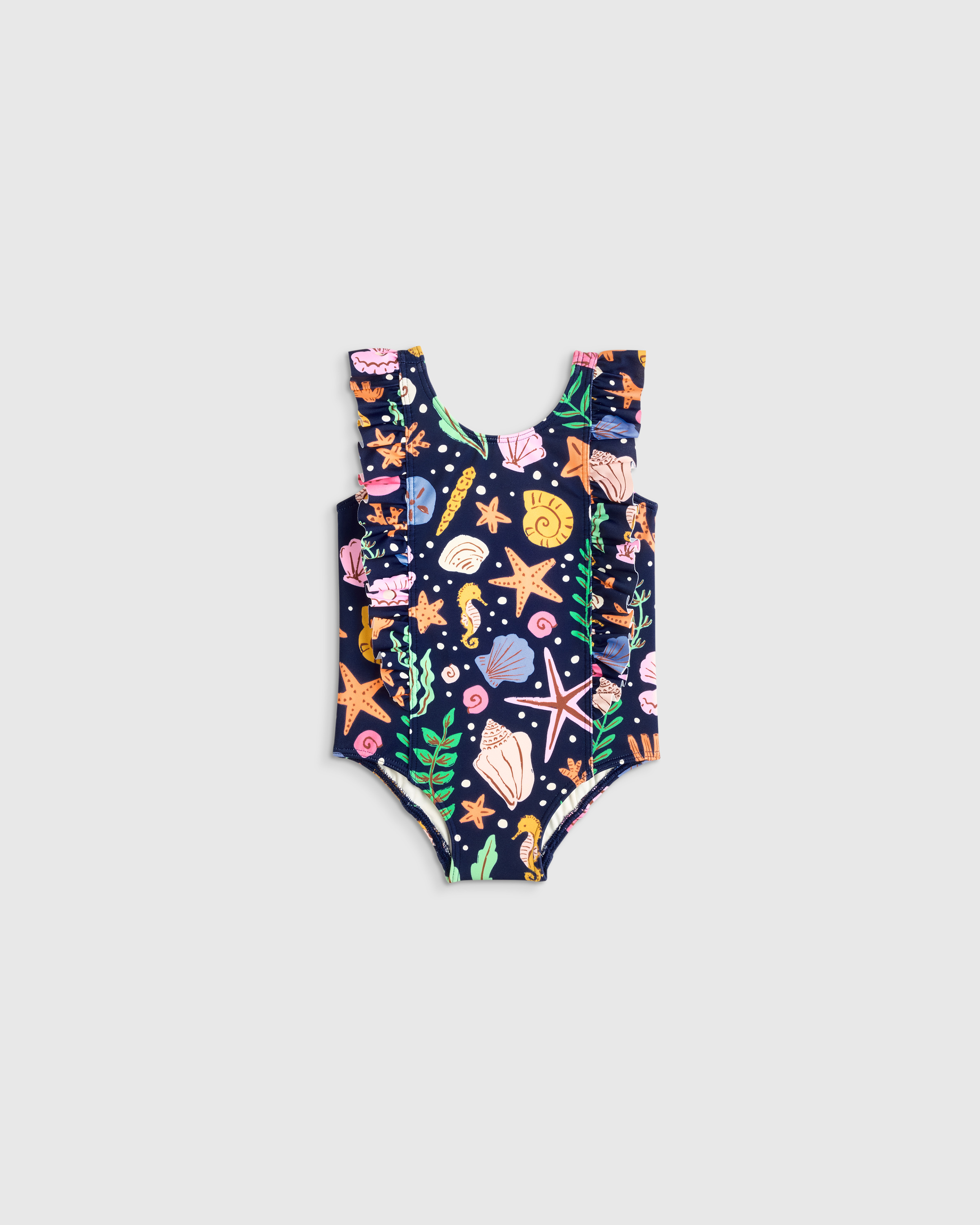 Navy Seashells Ruffle One Piece Swimsuit