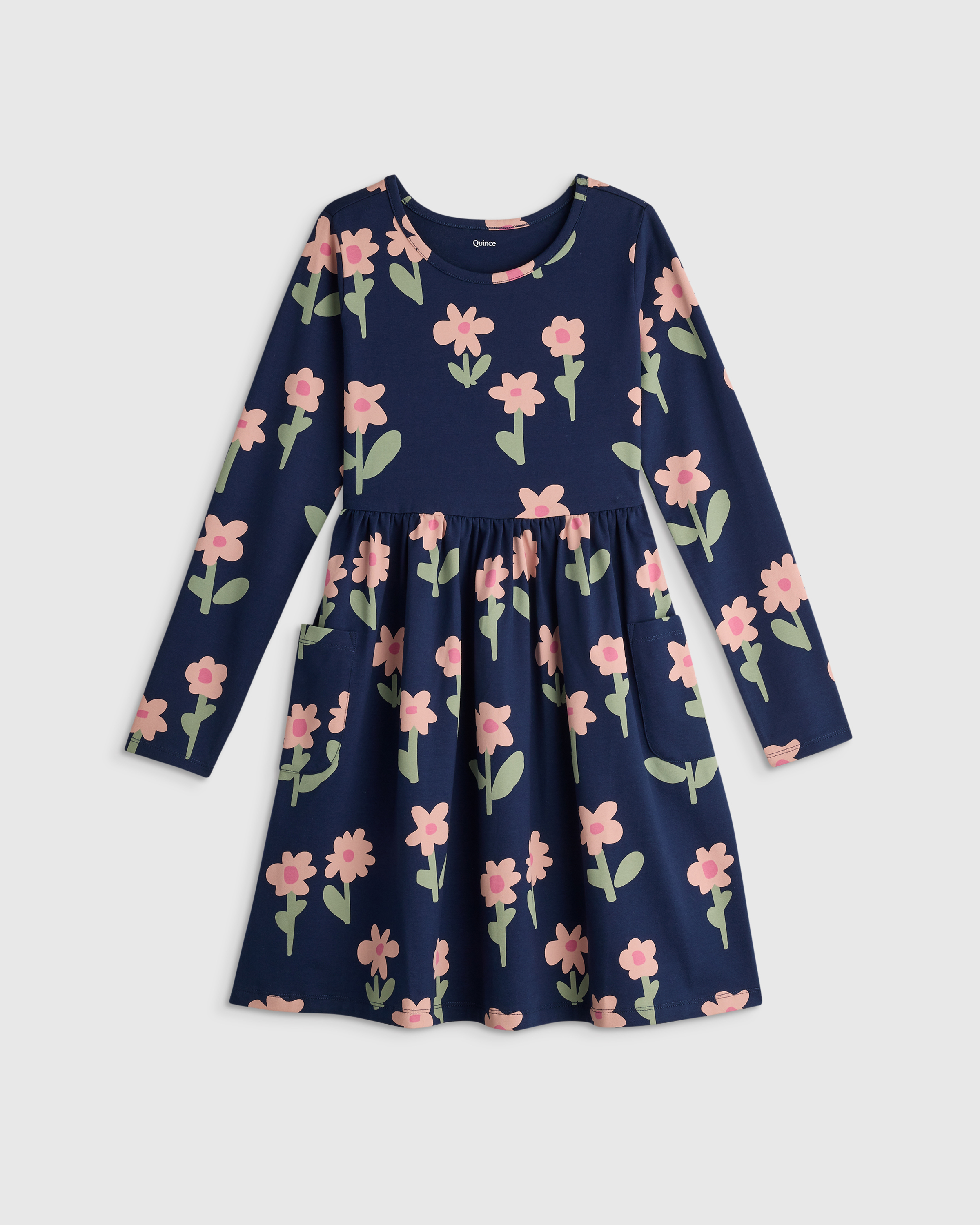Navy Daisies Organic Cotton Long Sleeve Fit and Flare Pocket Dress 