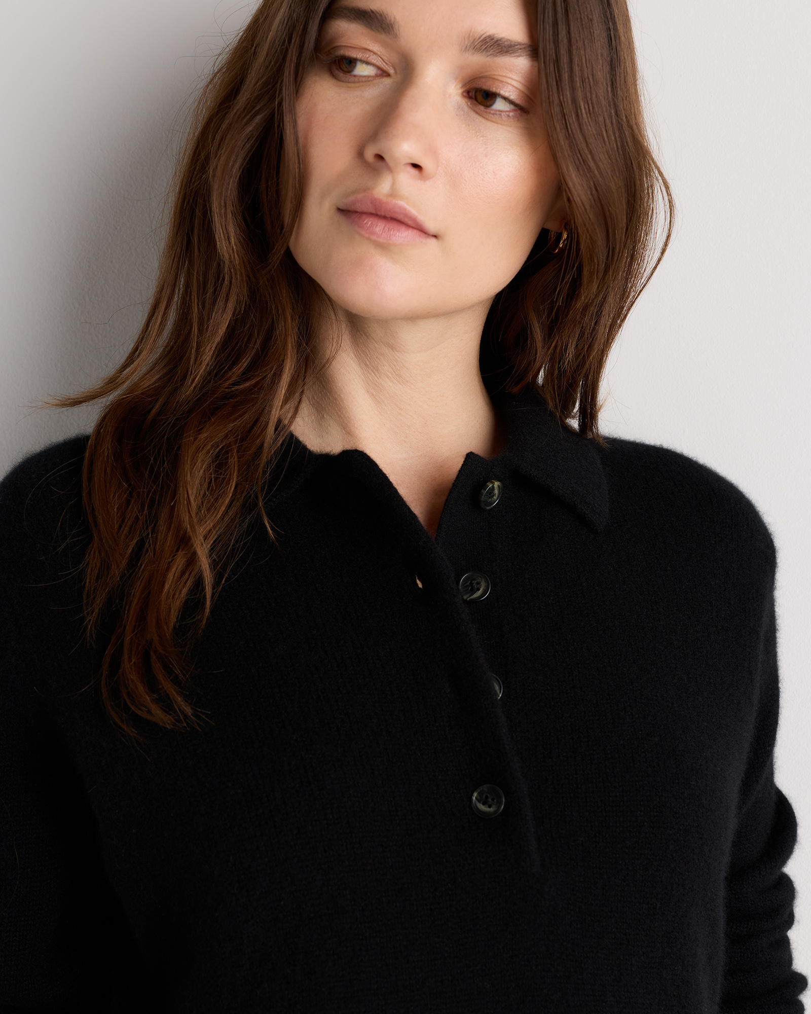 Mongolian Cashmere Button Polo Sweater in Black