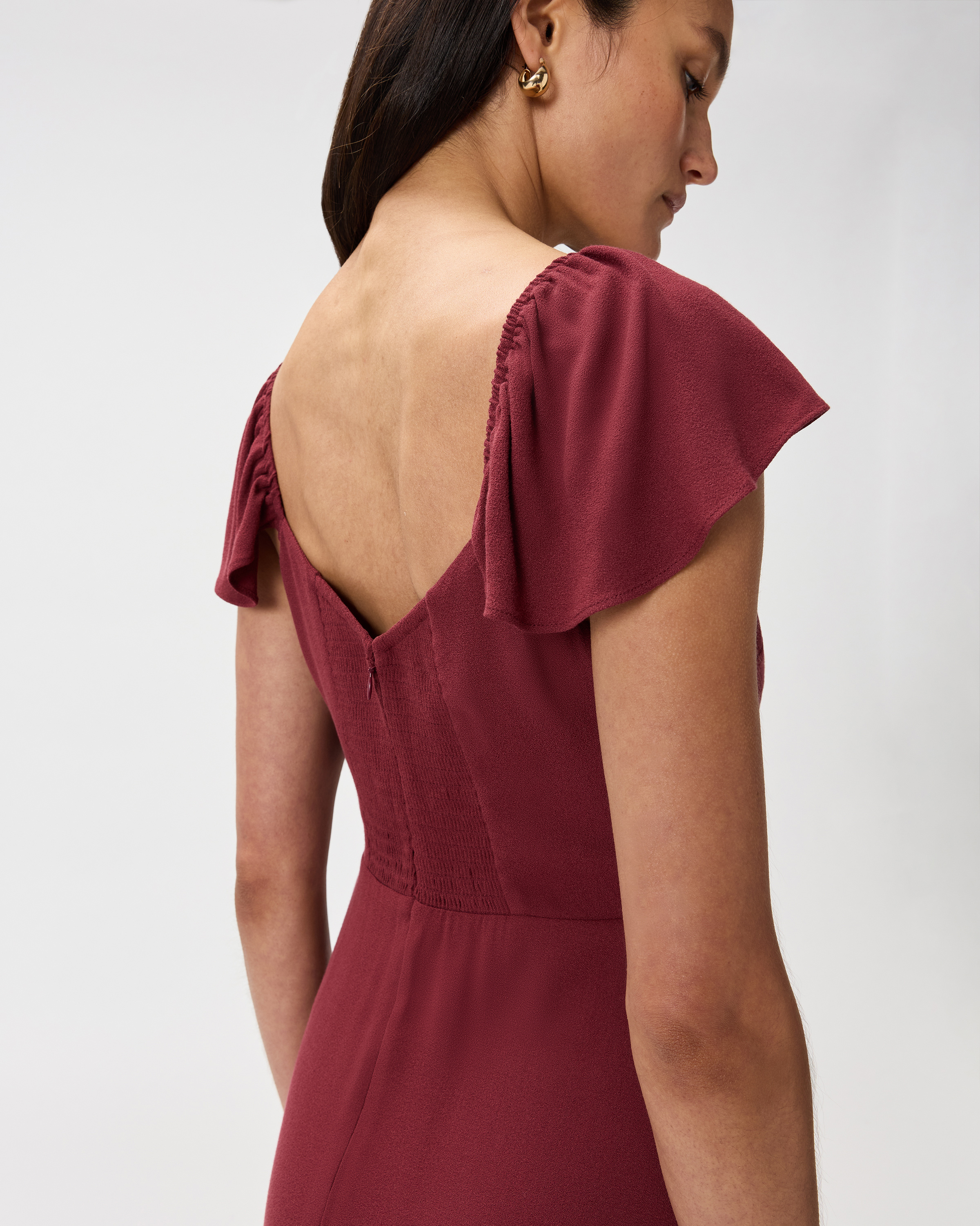 Lightweight Crepe Flutter Sleeve Midi Dress in Maroon