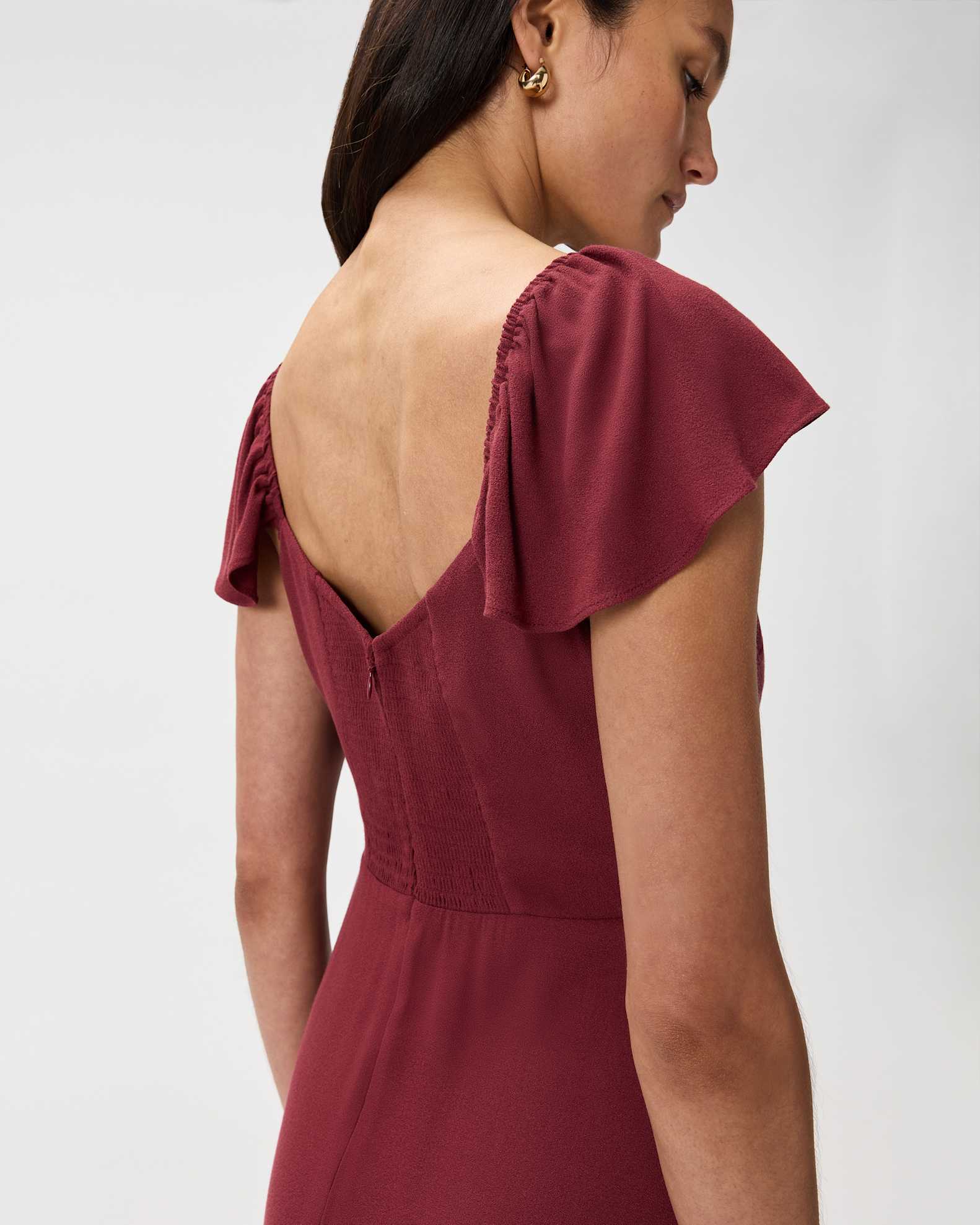 burgundy flutter sleeve dress Burgundy Satin Cowl Flutter Sleeve Tea-length A-Line Dress
