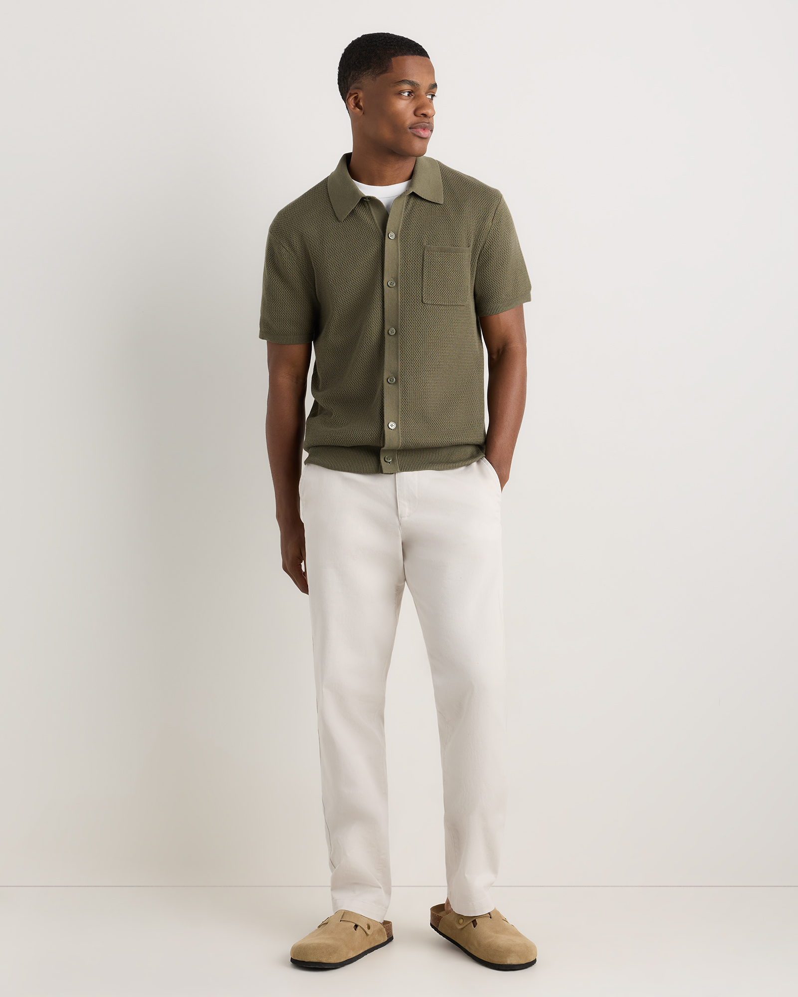 100% Organic Cotton Mesh-Stitch Button-Up Sweater Polo in Bayberry