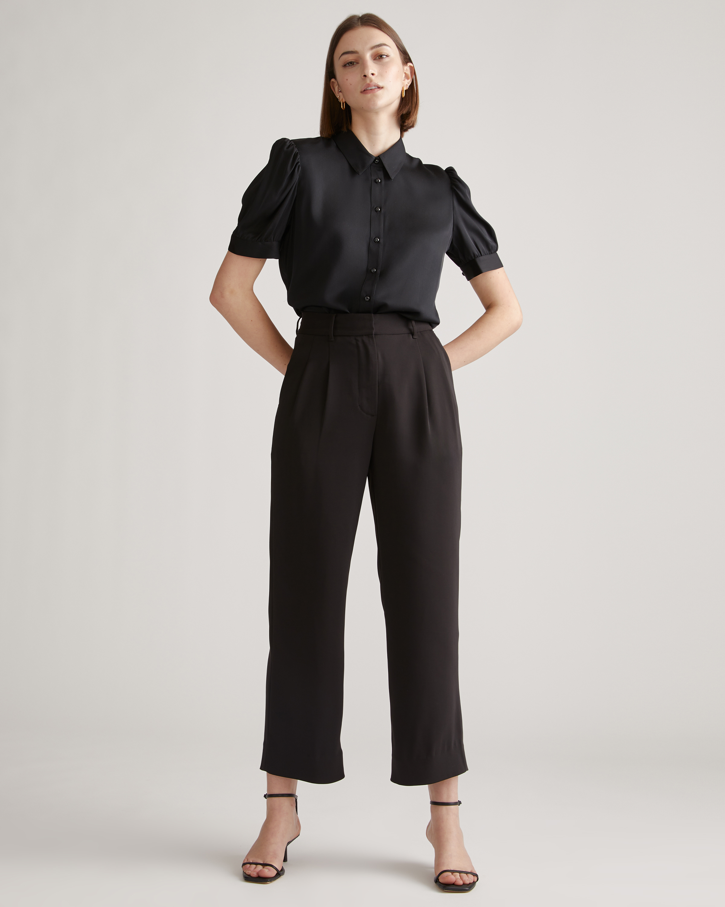 Washable Stretch Silk Puff Sleeve Blouse in Black
