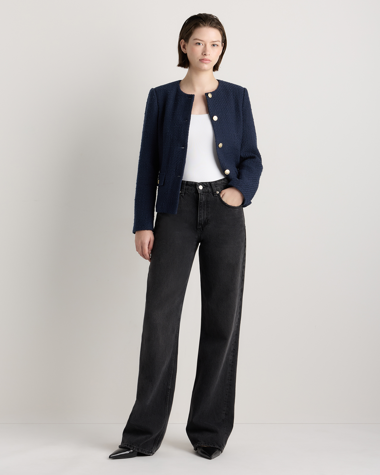 Tweed Collarless Jacket in Deep Navy