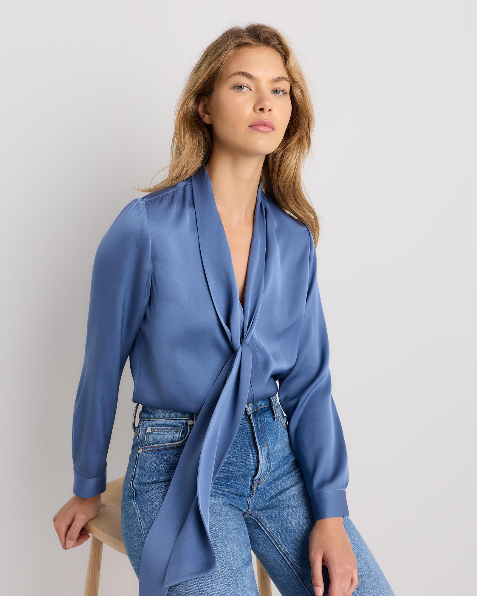 Washable Stretch Silk Tie Neck Blouse
