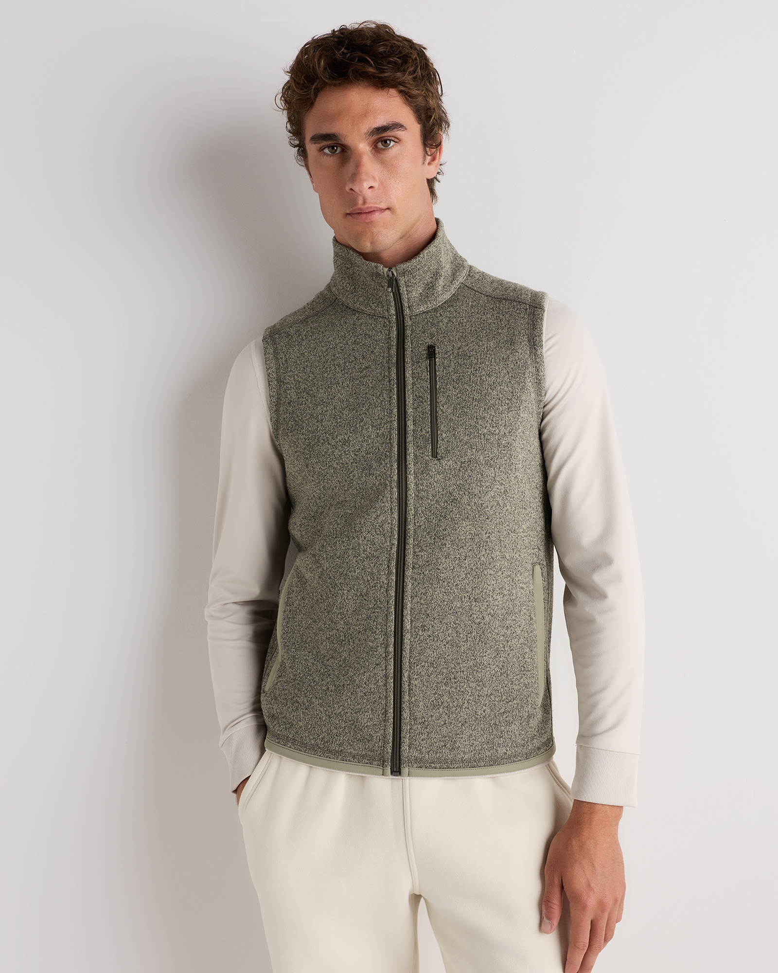 Sweater-Knit Fleece Full-Zip Vest in Heather Mineral Green