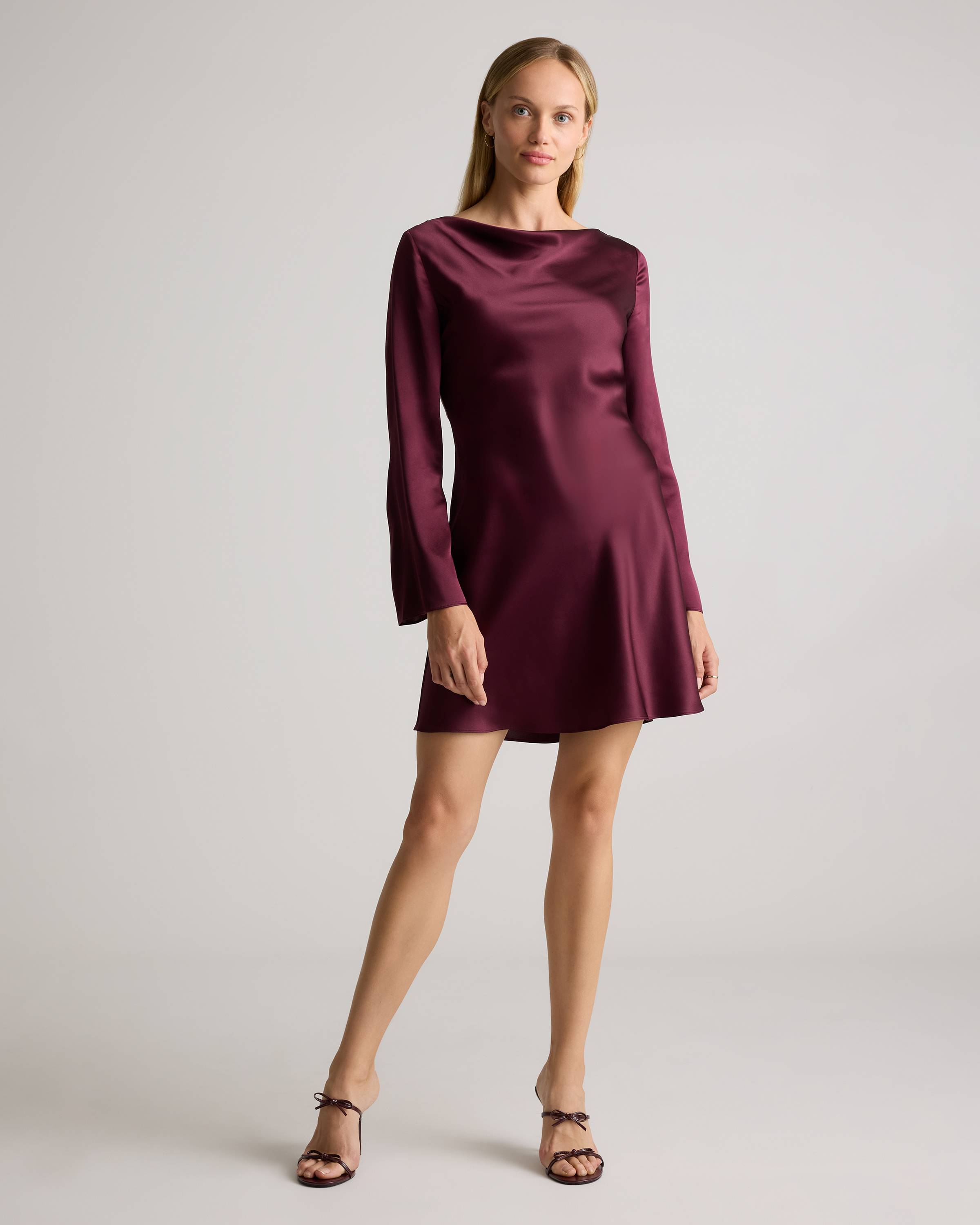 Wine Tasting Red 100% Washable Silk Long Sleeve Mini Dress 