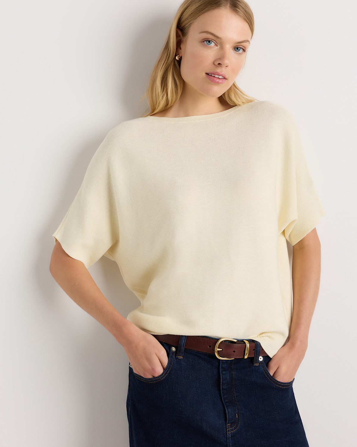 Lightweight Cotton Cashmere Link-Stitch Dolman Sweater in Pale Custard Yellow