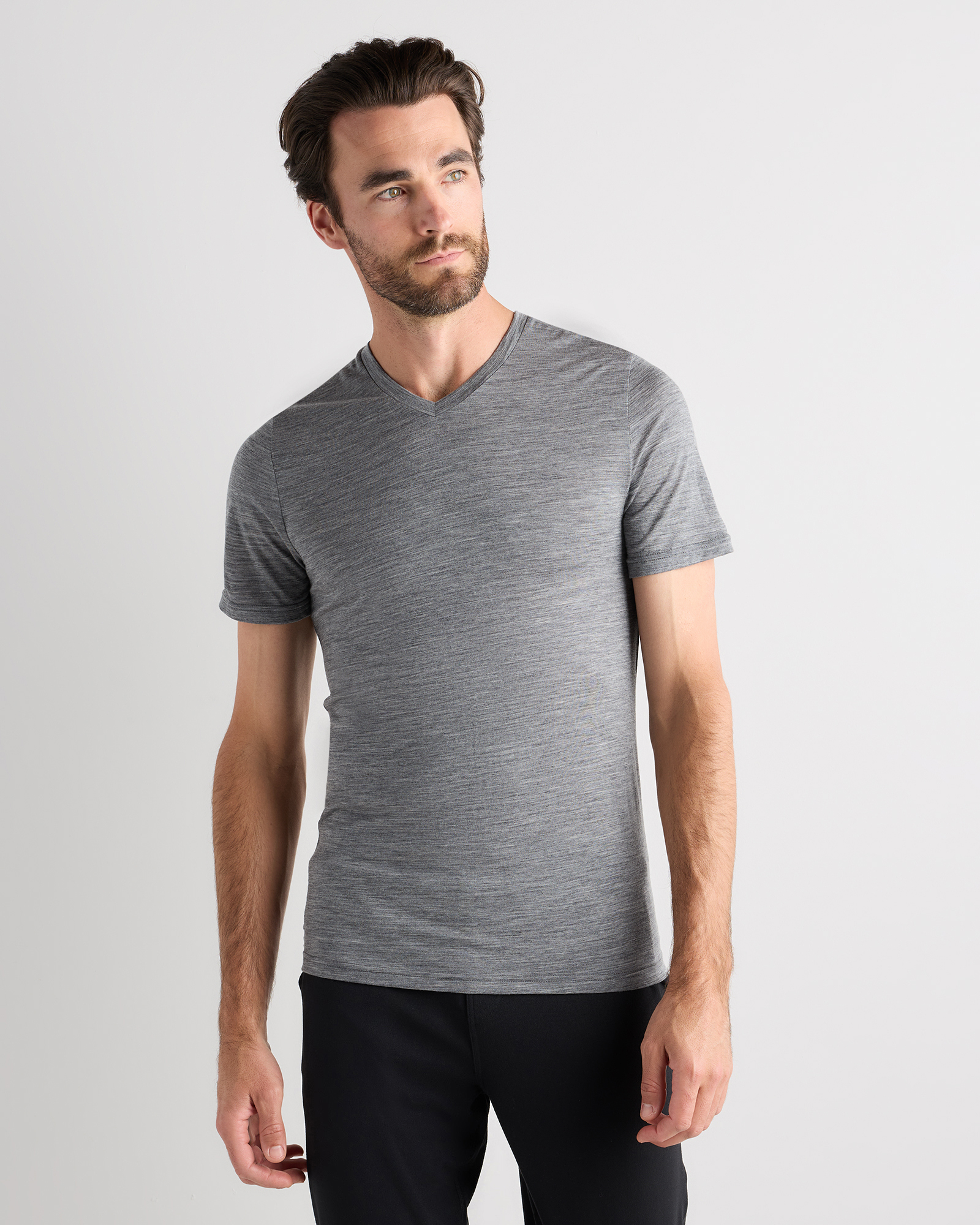 Heather Grey 100% Merino Wool All-Season V-Neck Base Layer Tee