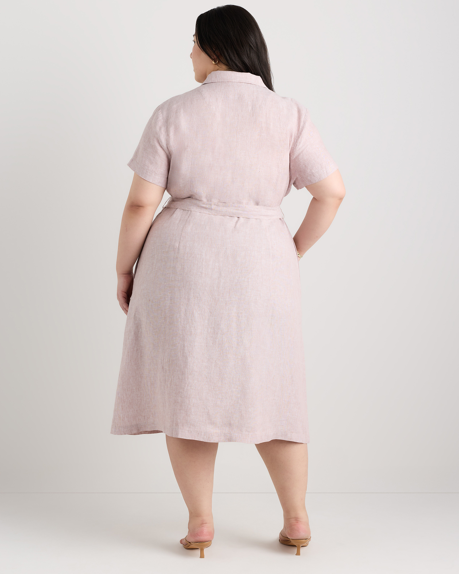 Extended Sizes 100% European Linen Button Front Dress - Plus Size in  Vintage Pink Chambray