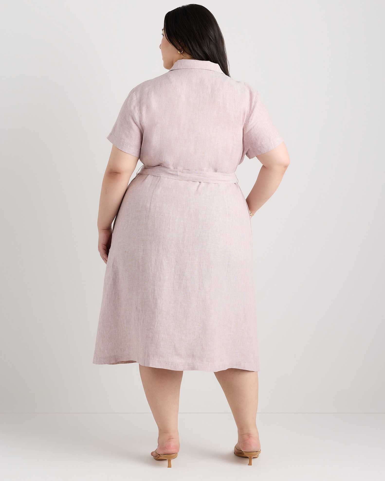 Extended Sizes 100% European Linen Button Front Dress - Plus Size in Vintage Pink Chambray Extended Sizes 100% European Linen Button Front Dress - Plus Size in Vintage Pink Chambray