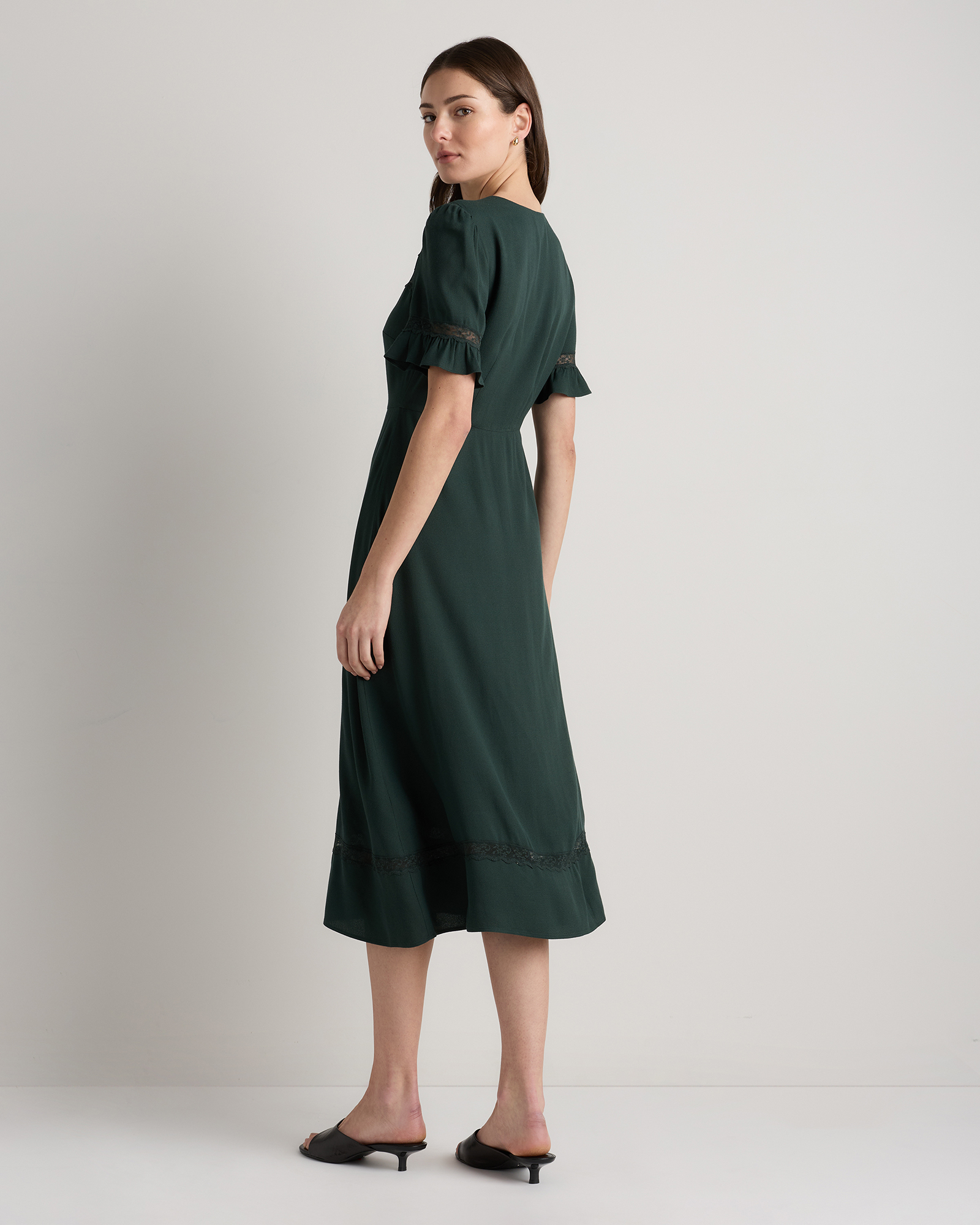 Women's Lightweight Crepe Lace Inset Midi Dress in Forest Green, Size Small, Viscose by Quince