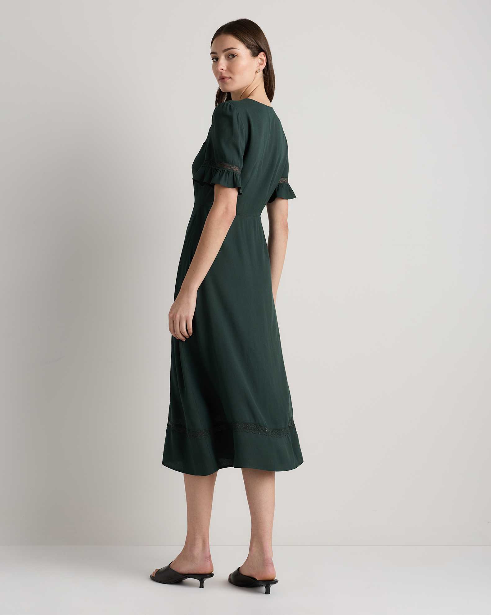 Women's Lightweight Crepe Lace Inset Midi Dress in Forest Green, Size Small, Viscose by Quince Women's Lightweight Crepe Lace Inset Midi Dress in Forest Green, Size Small, Viscose by Quince