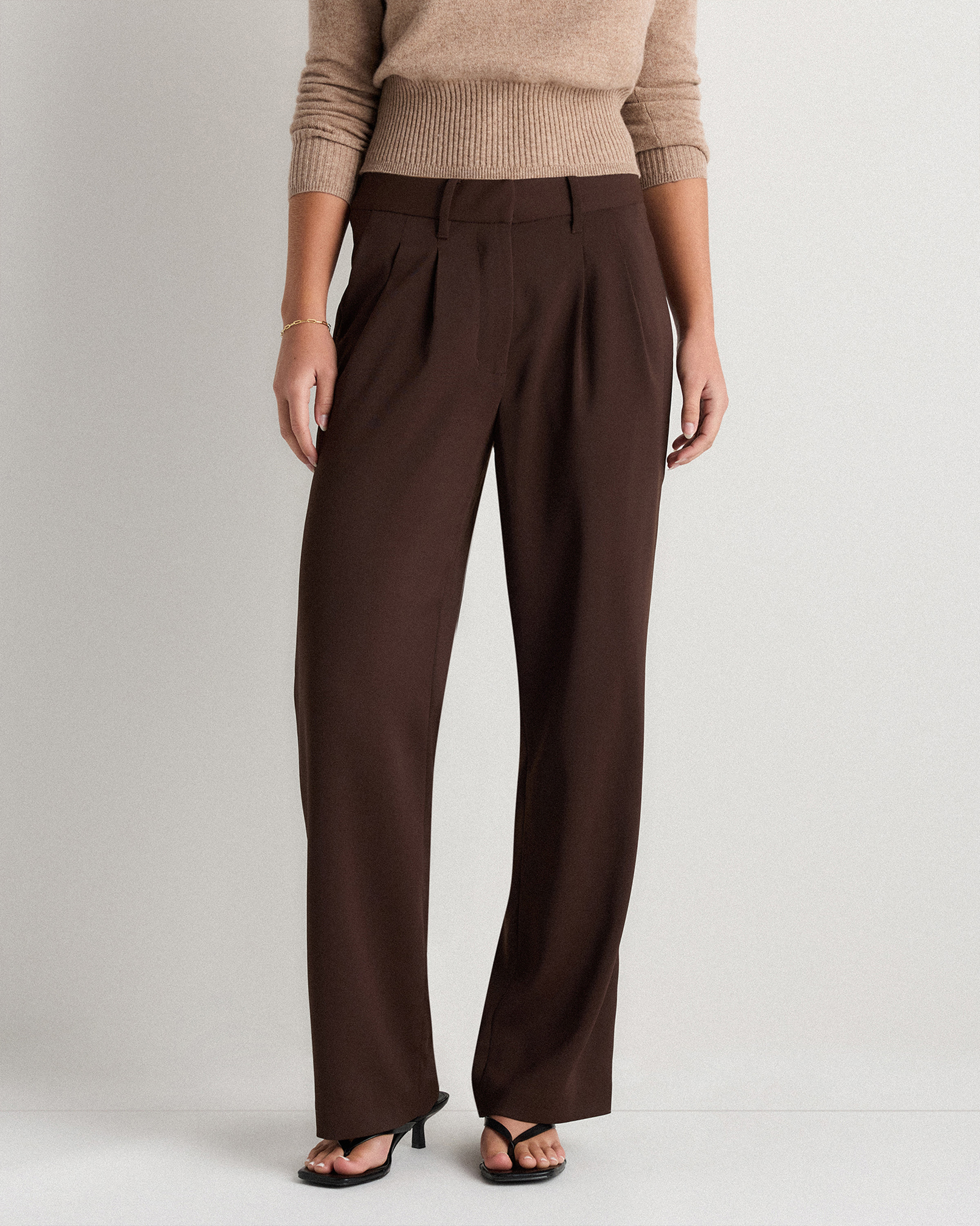 Quince Women's Stretch Crepe Pleated Wide Leg Pants In Brown