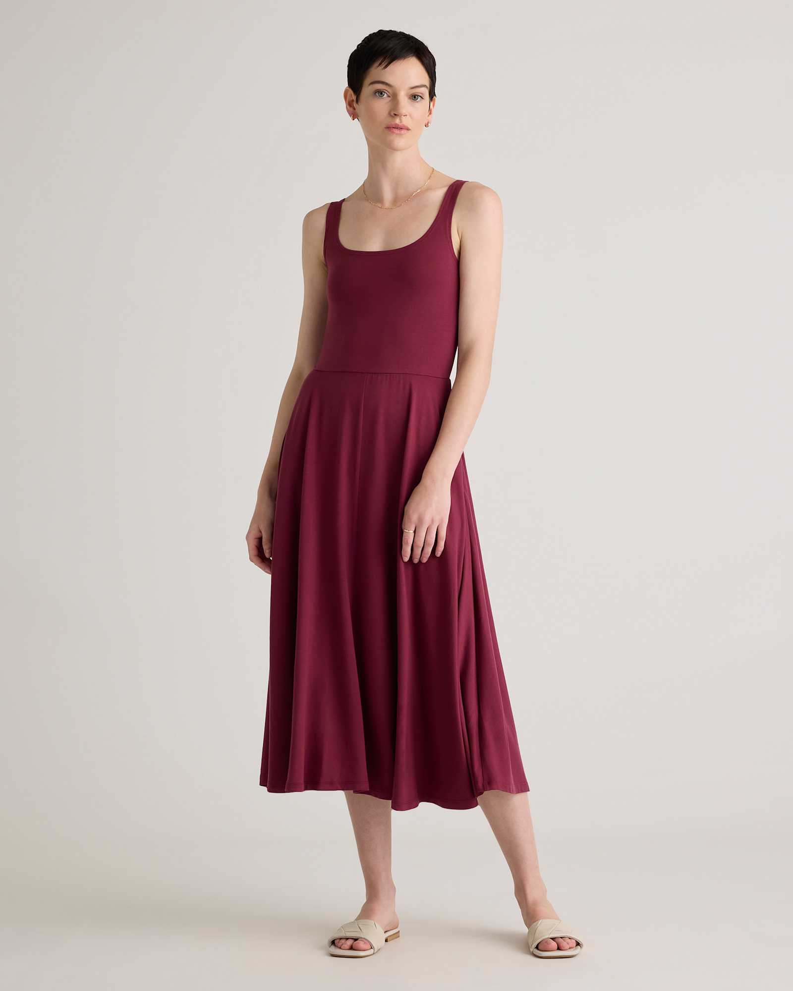 Quince Women's Tencel Jersey Fit & Flare Dress, Wine Color, Size Small - Sleeveless, Scoop Neck, Side-Seam Pockets Quince Women's Tencel Jersey Fit & Flare Dress, Wine Color, Size Small - Sleeveless, Scoop Neck, Side-Seam Pockets