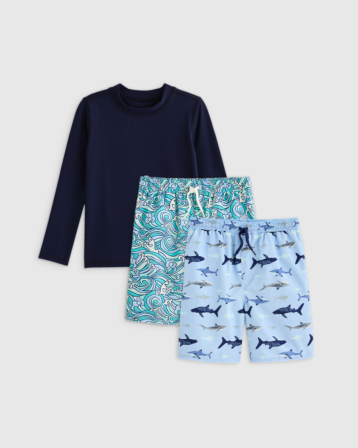 Sharks/Waves Sunsafe Rash Guard & Swim Trunks Set