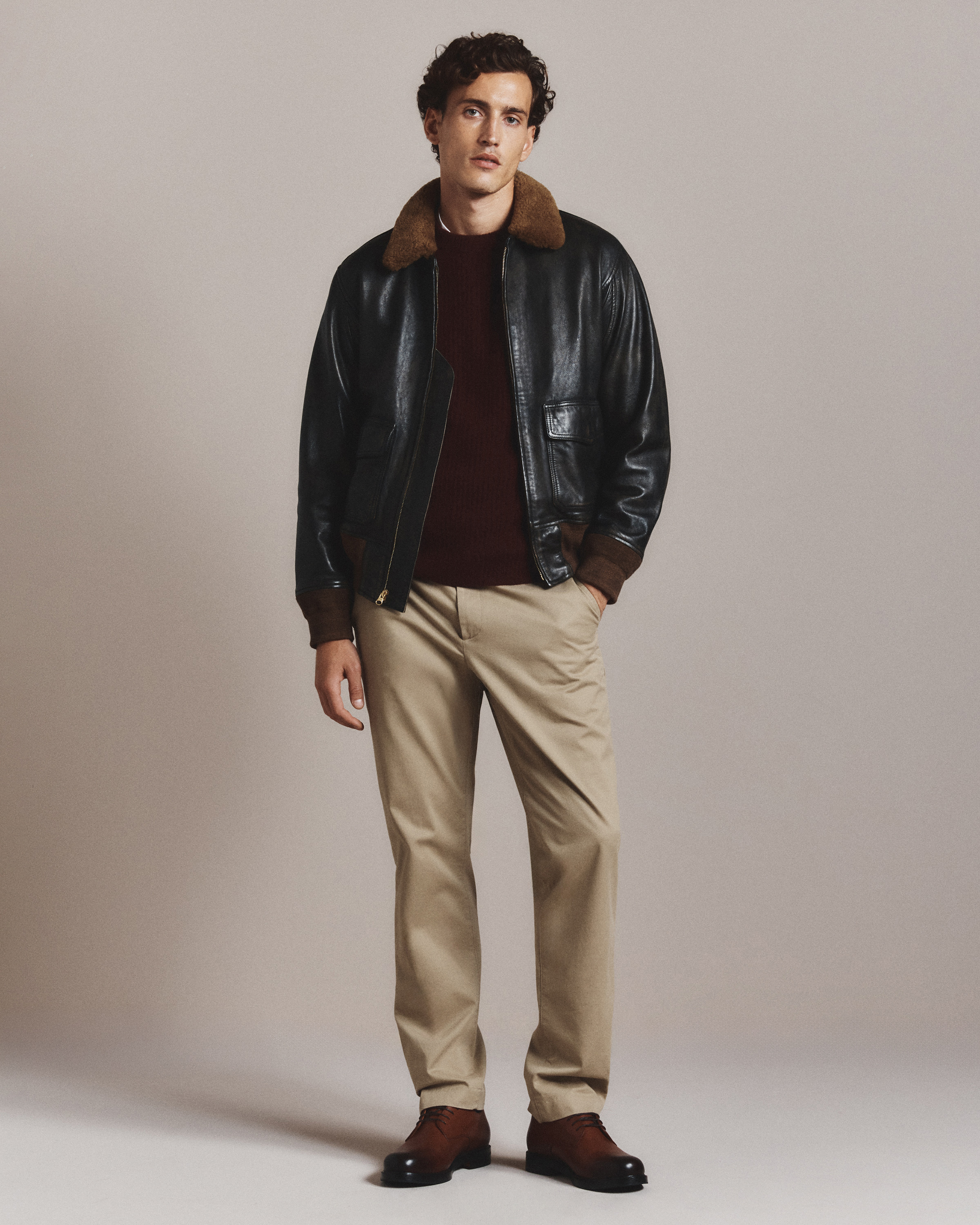 True Black Shearling Collar Leather Flight Jacket