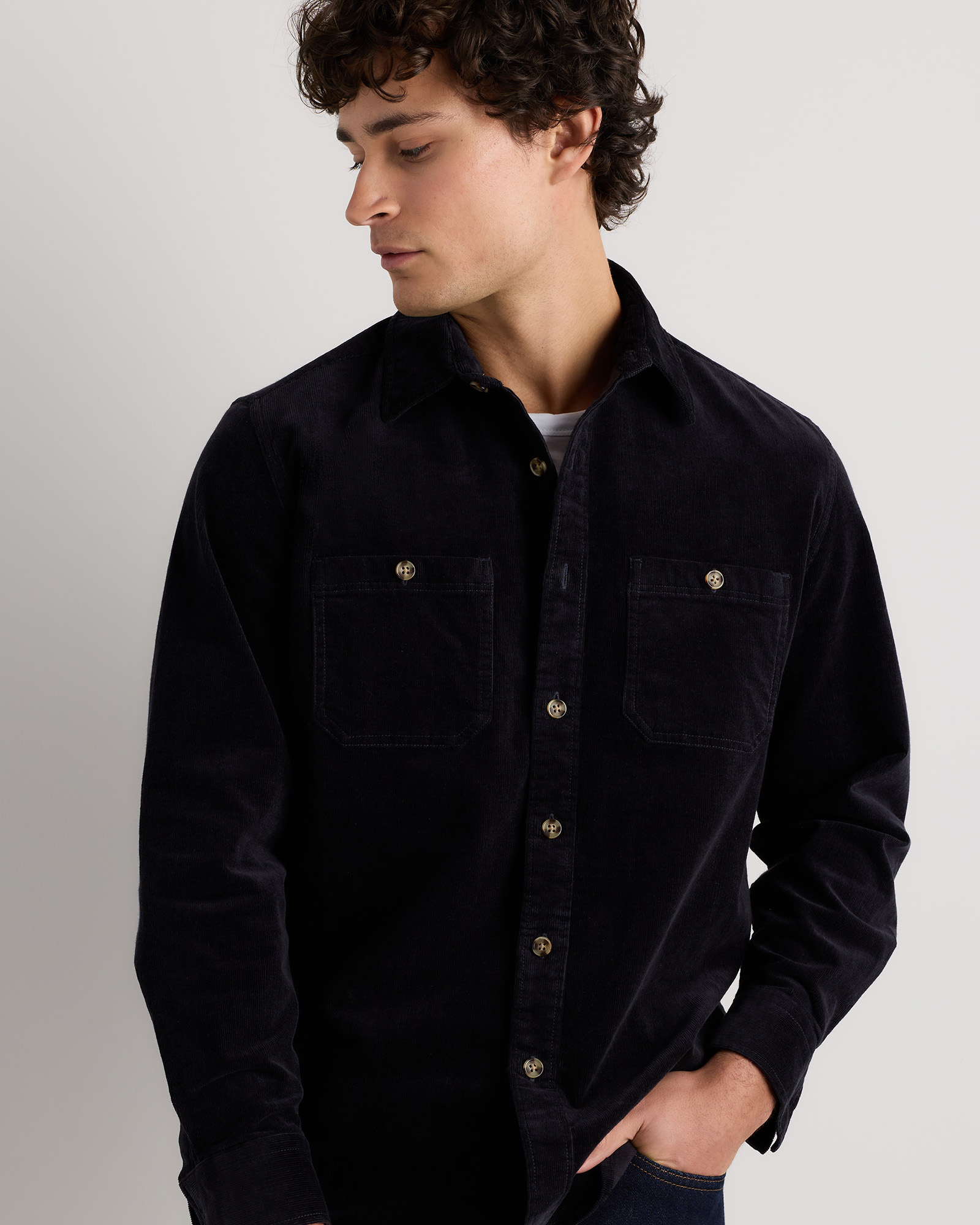トップス 40s black corduroy shirt Men's Organic Stretch Corduroy Shirt in Dark Navy | Quince Canada