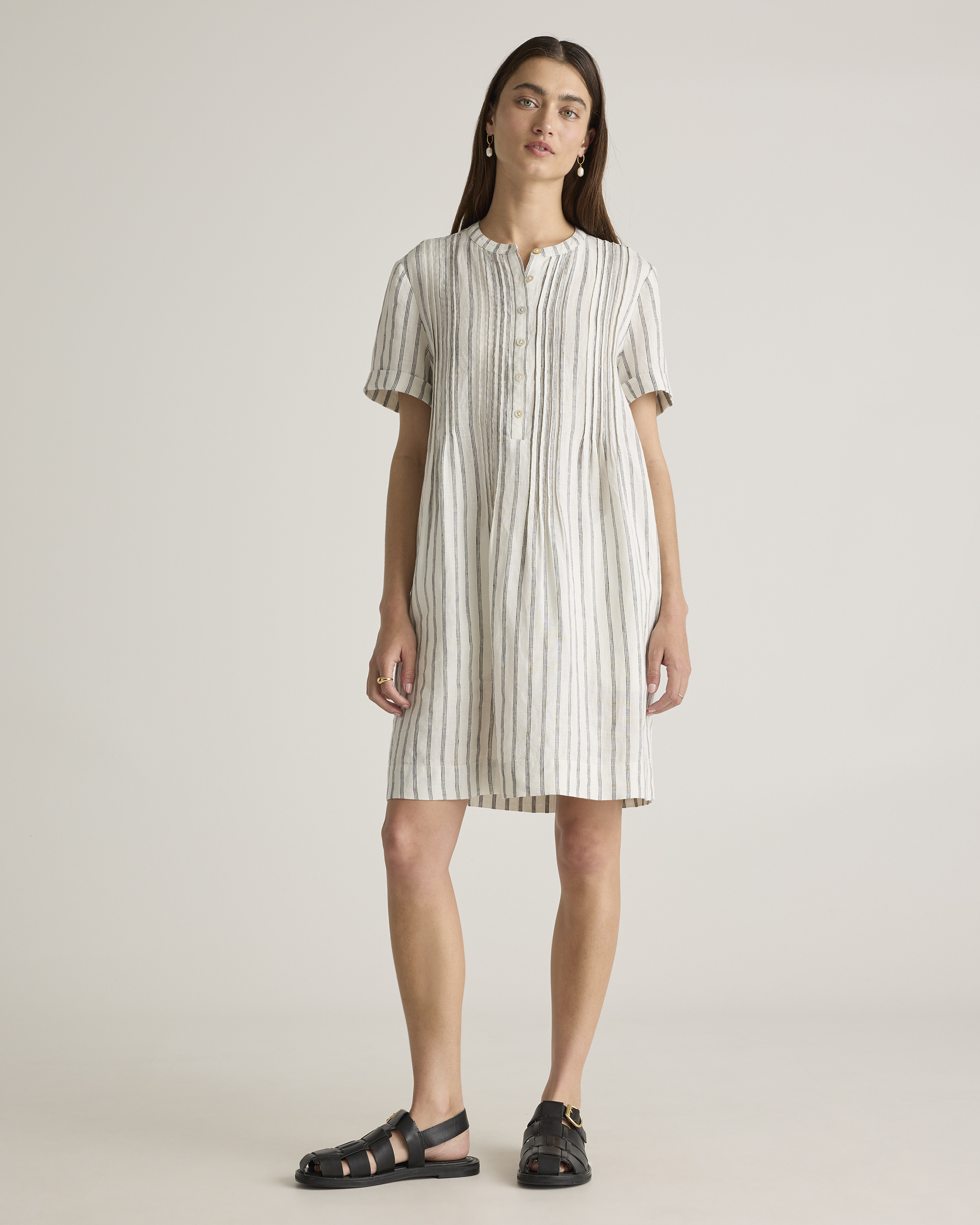 Oatmeal / Black Stripe 100% European Linen Short Sleeve Swing Dress
