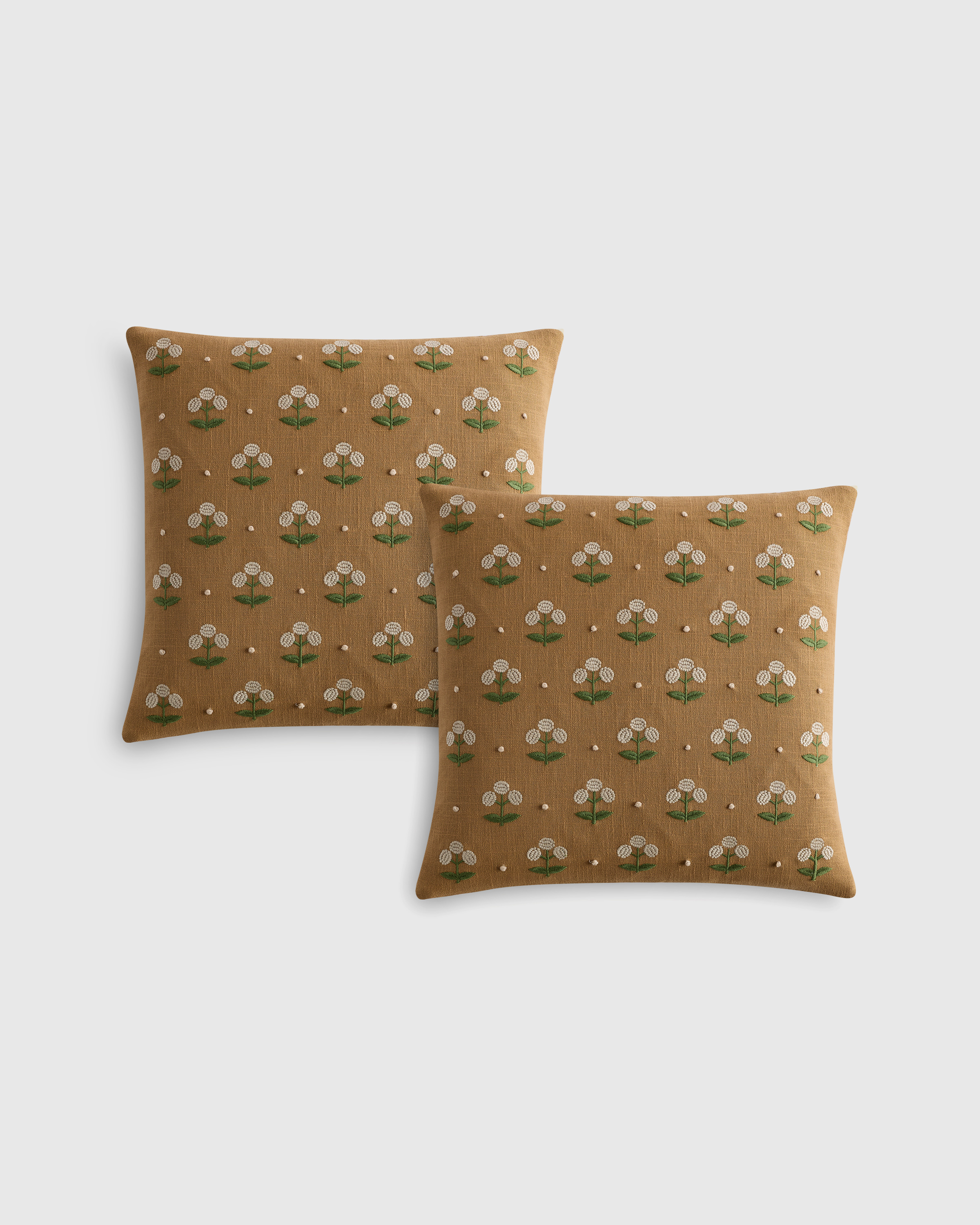 Tan Embroidered Botanical Cotton Pillow Cover (Set of 2)