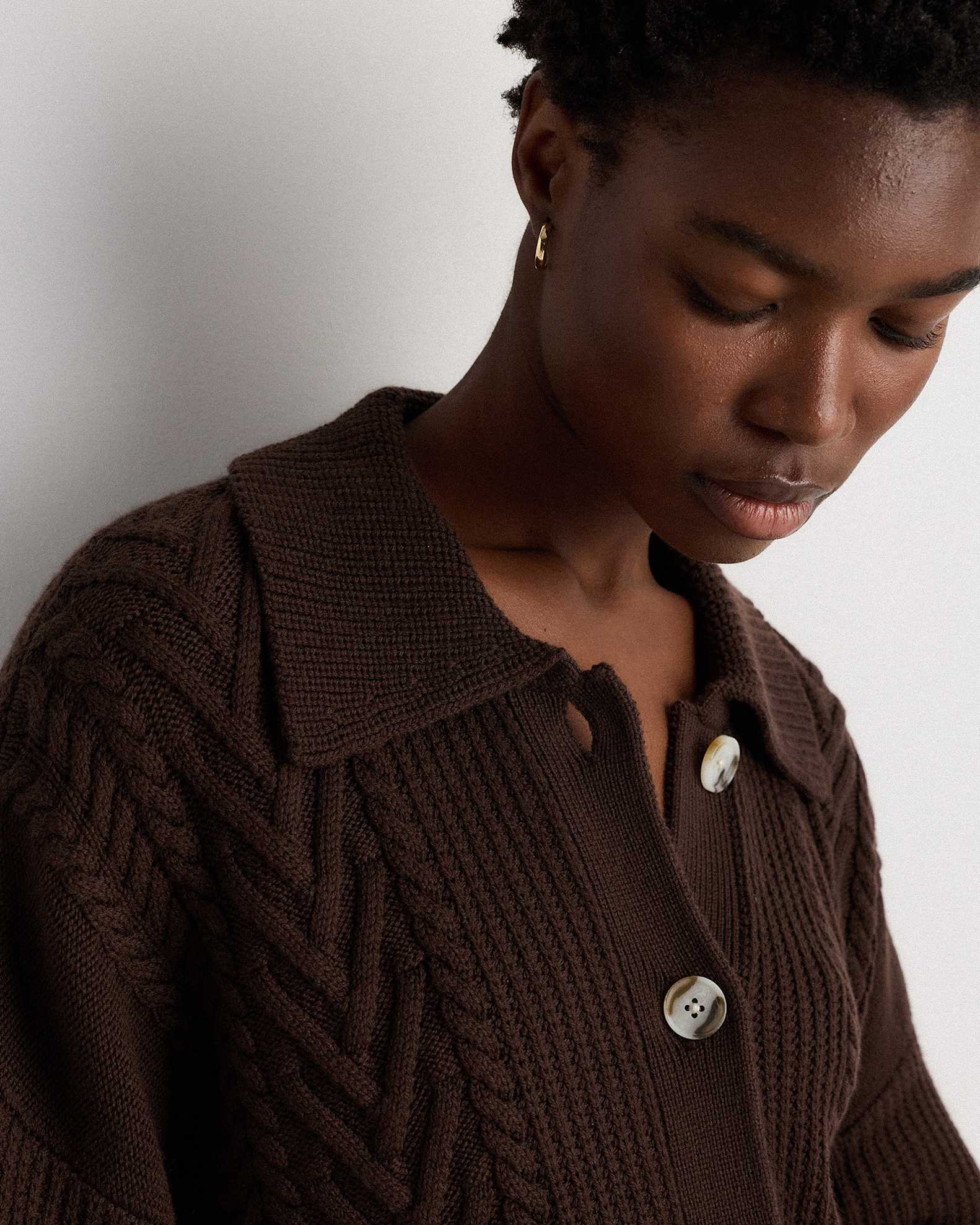 Australian Merino Wool Collared Cable Cardigan in Coffee Bean Brown Australian Merino Wool Collared Cable Cardigan in Coffee Bean Brown