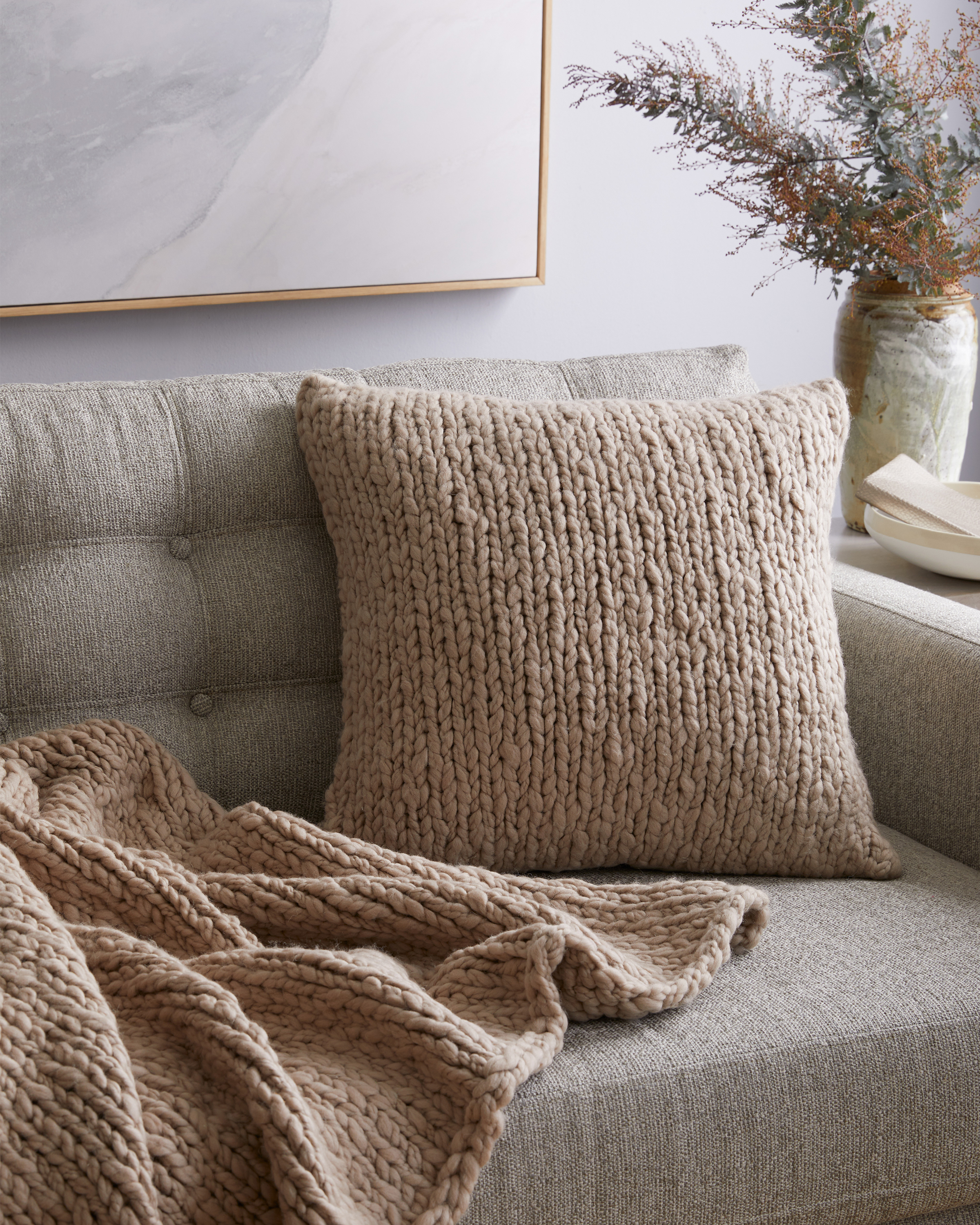 Neutral Chunky Hand Knit Wool Pillow Cover