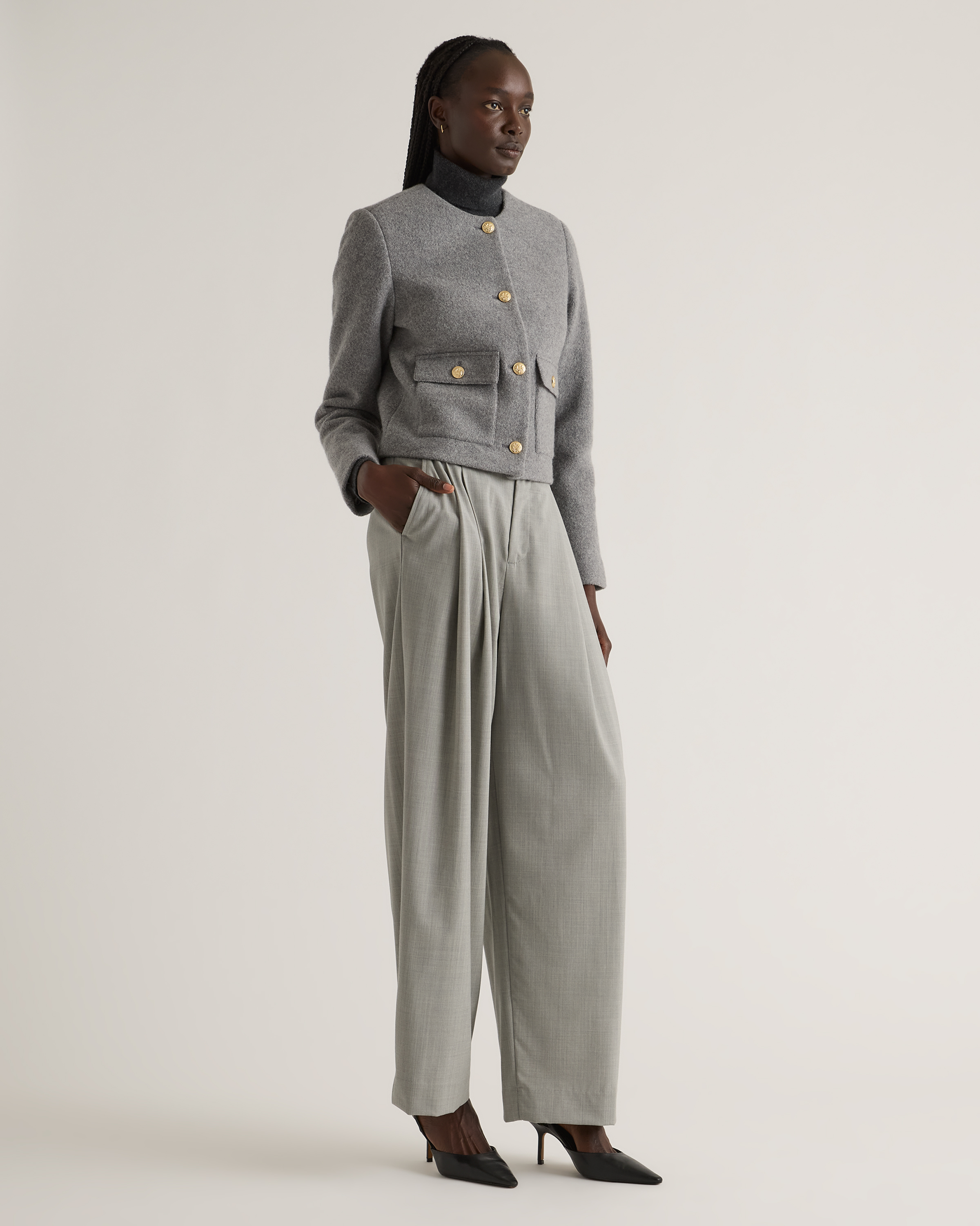 100% Merino Wool Collarless Cropped Jacket in Heather Grey