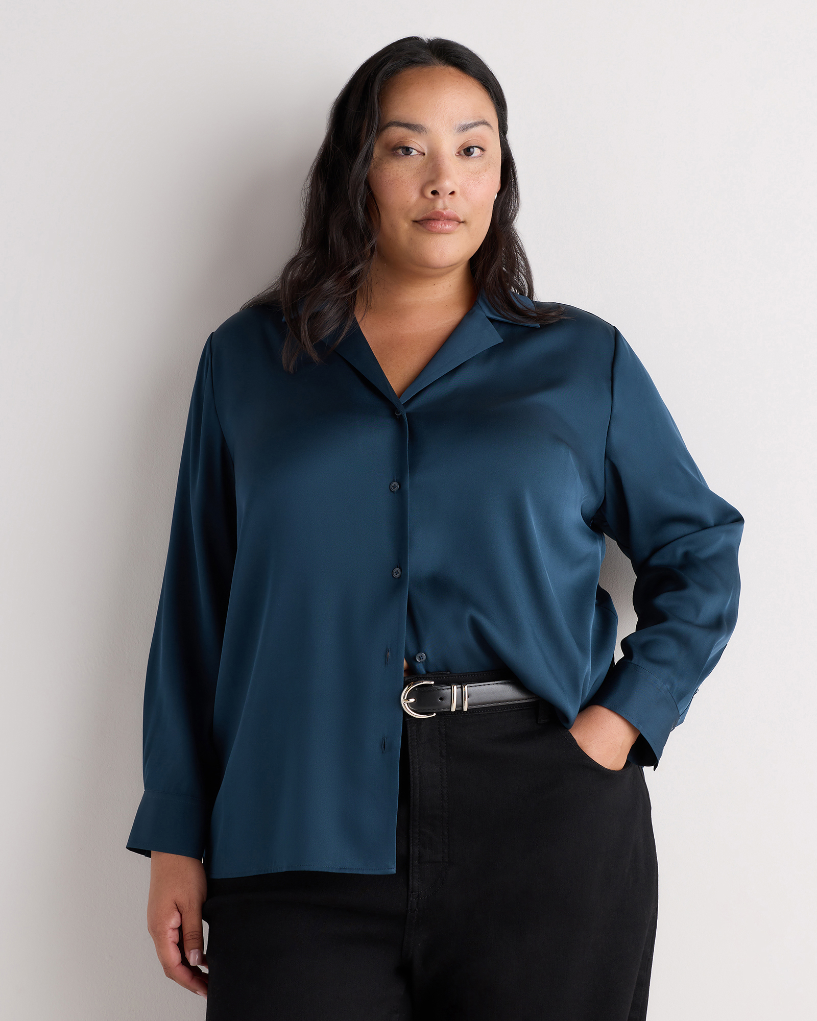 Stratus Blue Washable Stretch Silk Notch Collar Blouse