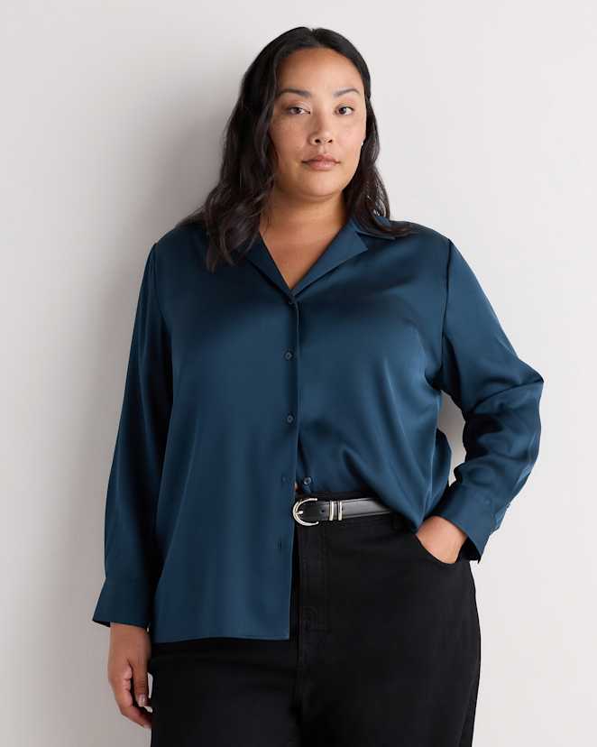 Stratus Blue Washable Stretch Silk Notch Collar Blouse