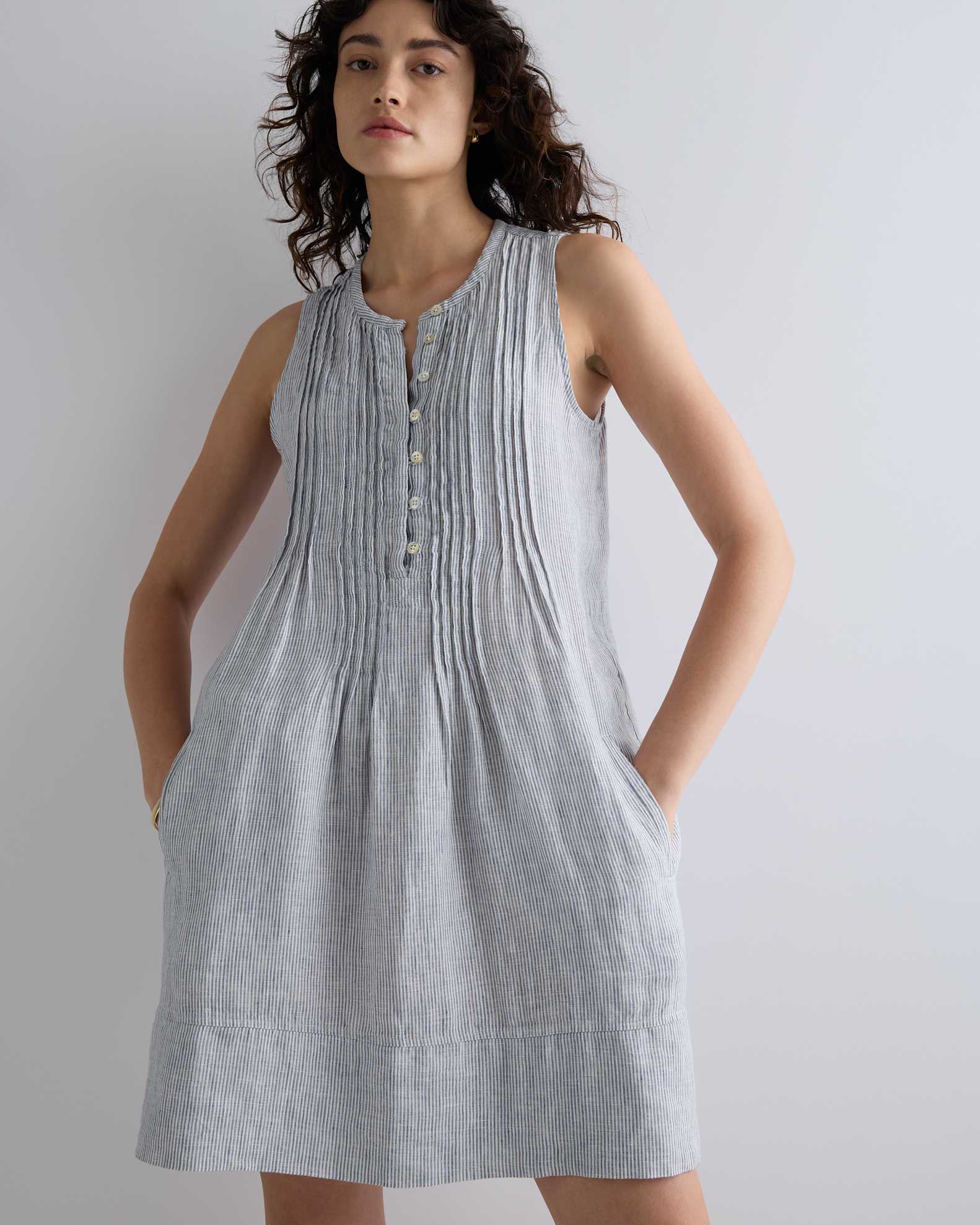 Quince Women's Sleeveless Swing Dress in Blue Pinstripe, Size XL - 100% European Linen, Eco-Friendly Material Quince Women's Sleeveless Swing Dress in Blue Pinstripe, Size XL - 100% European Linen, Eco-Friendly Material