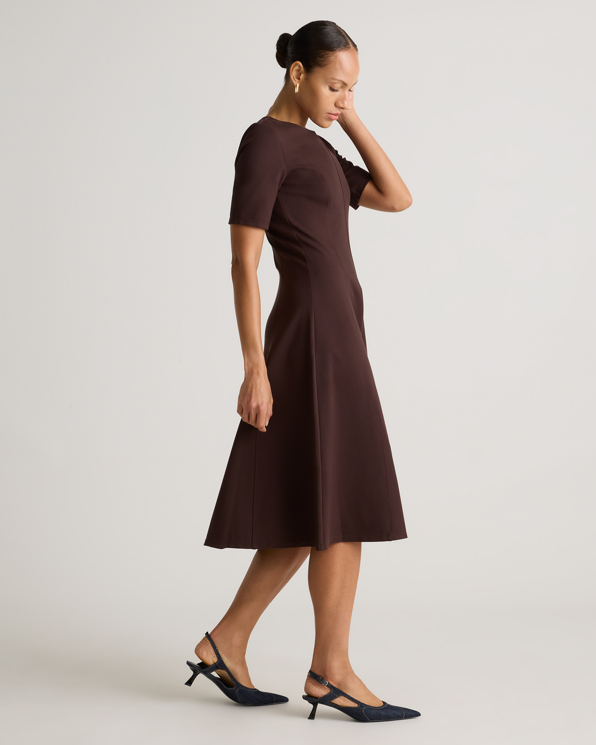 Quince Women's Ultra-Stretch Ponte Short Sleeve Midi Dress, Espresso, Size XS, Rayon - Versatile for Office to Evening Wear