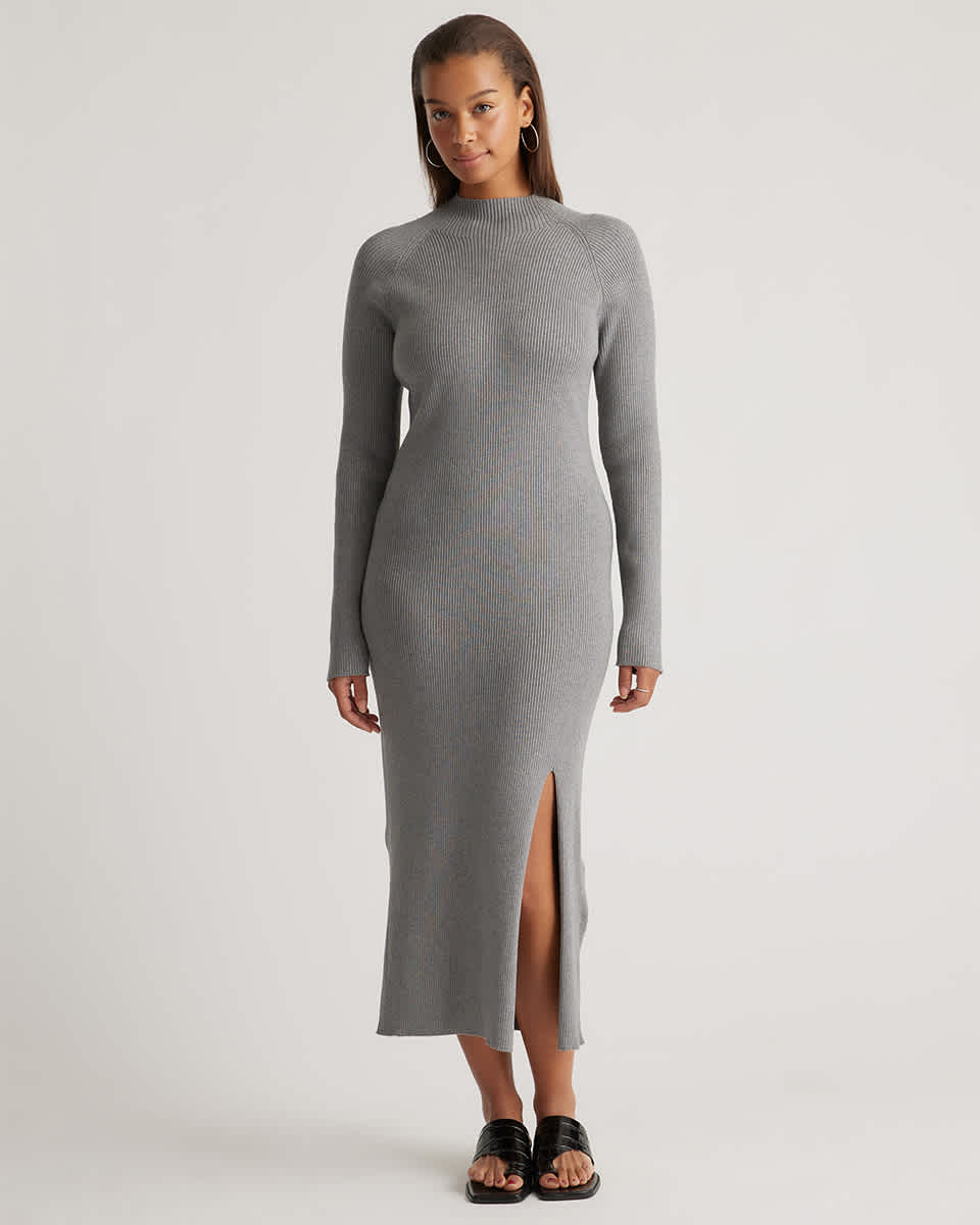 Eco-Knit Ribbed Mock Neck Sweater Dress in Heather Grey Eco-Knit Ribbed Mock Neck Sweater Dress in Heather Grey