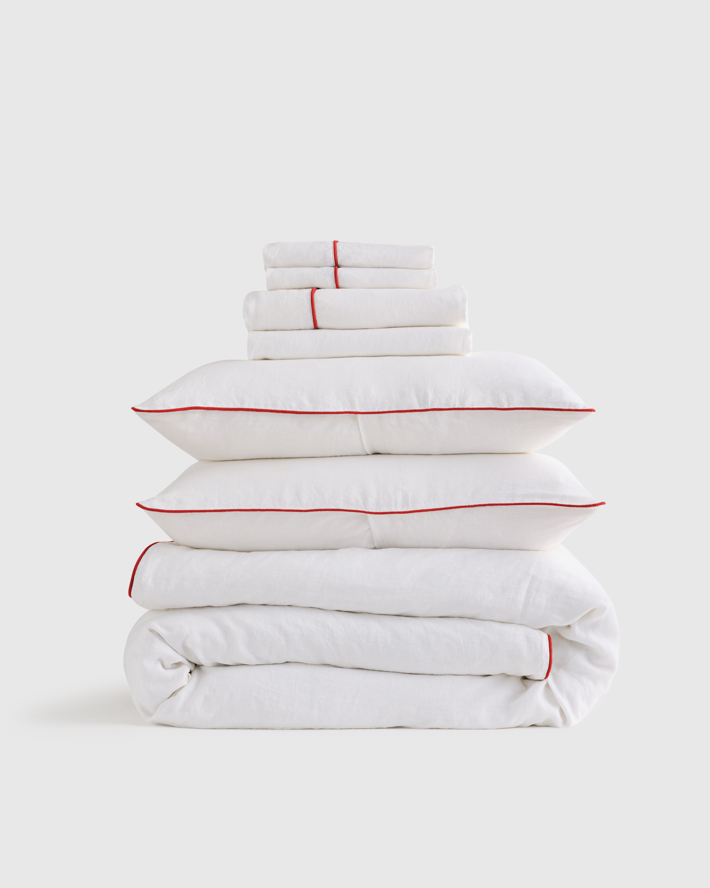 European Linen Piped Deluxe Bedding Bundle, White/Cherry, King