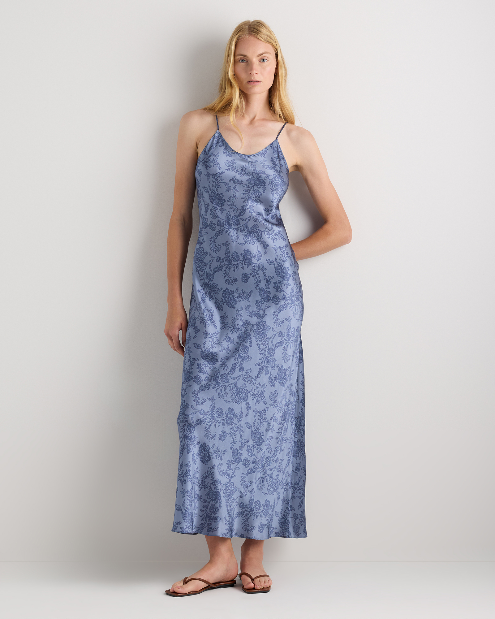Moonstone Blue Heirloom Floral 100% Washable Silk Maxi Slip Dress
