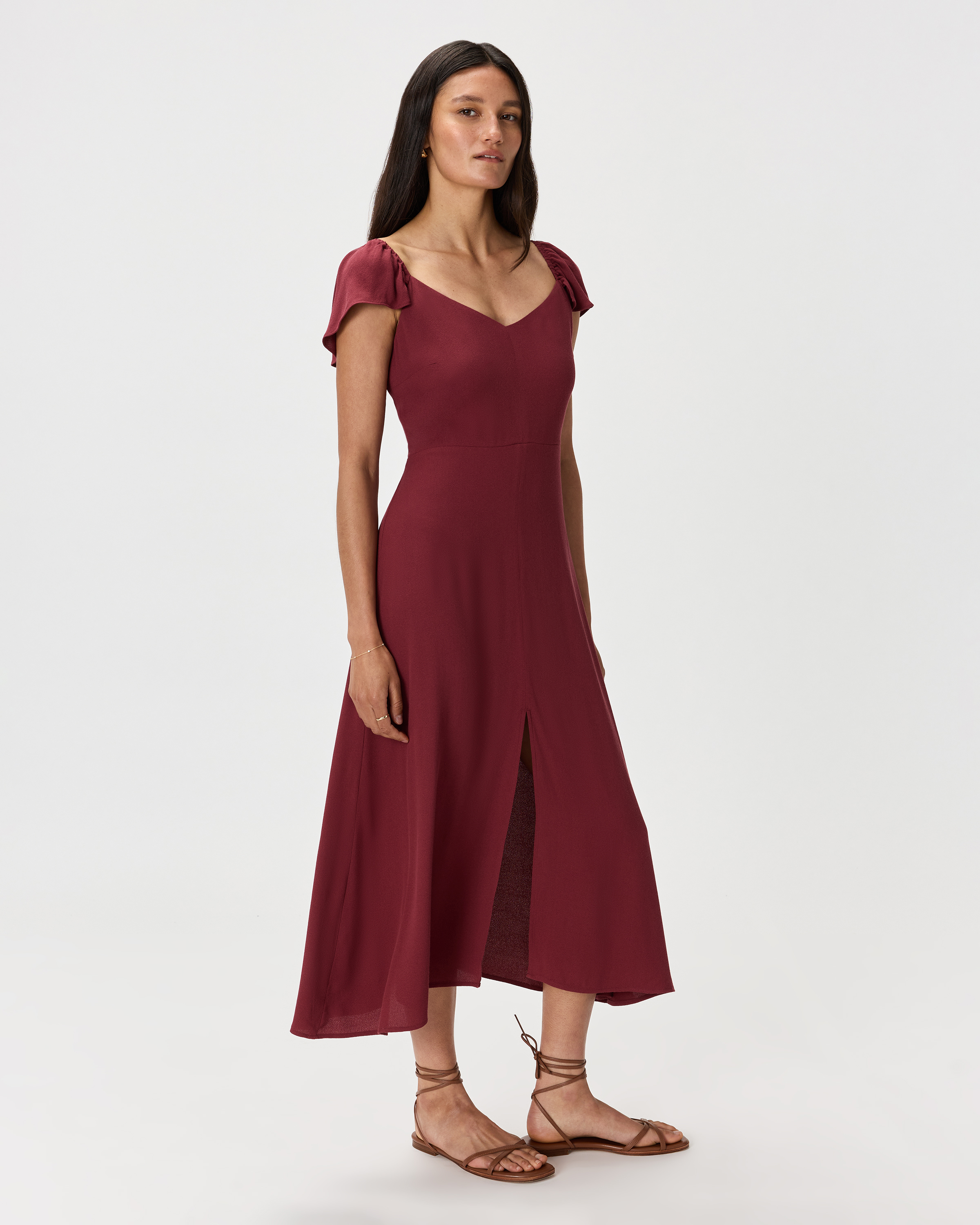 Women's Lightweight Crepe Flutter Sleeve Midi Dress in Maroon, Size Small, Viscose by Quince