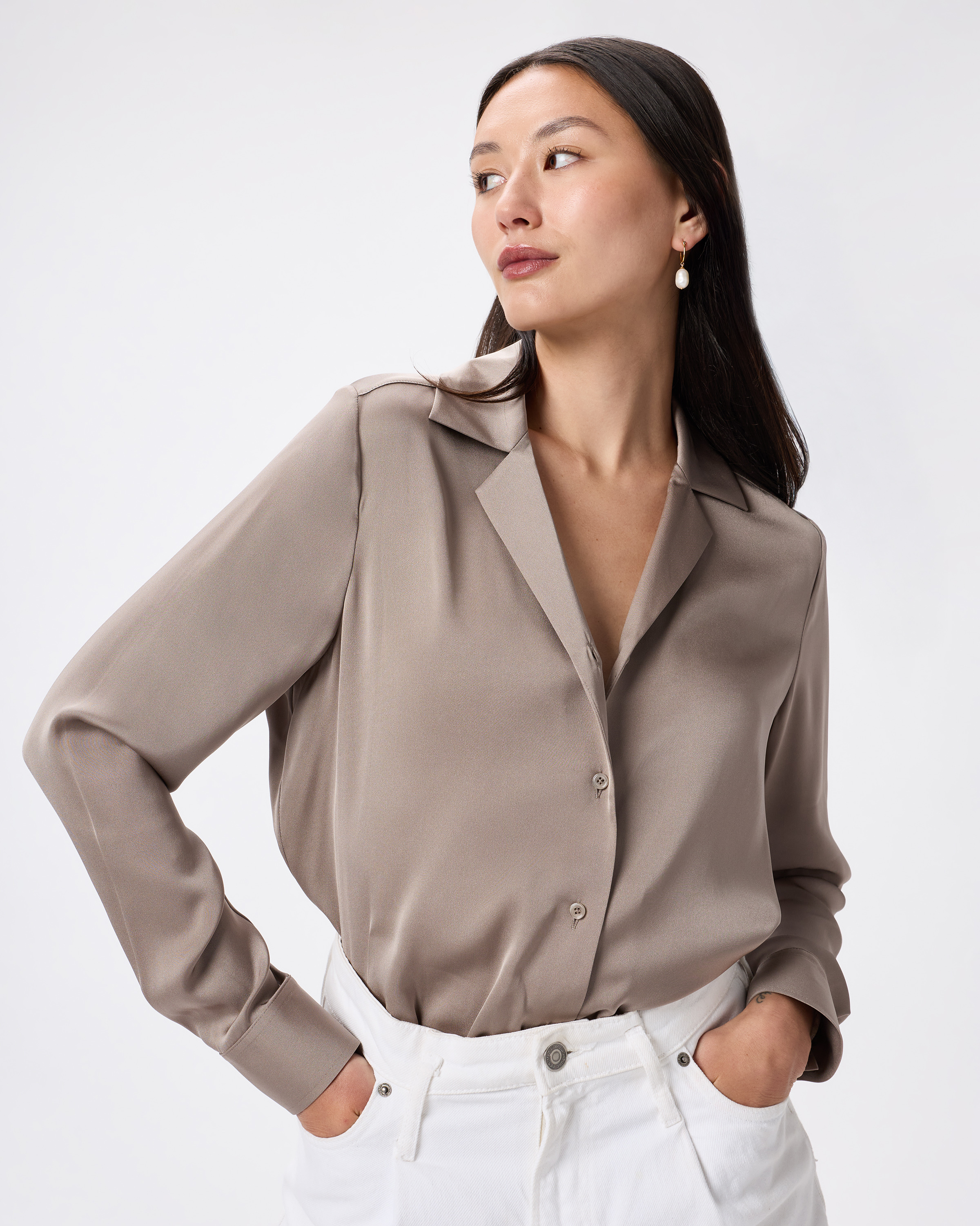 Morel Grey Washable Stretch Silk Notch Collar Blouse