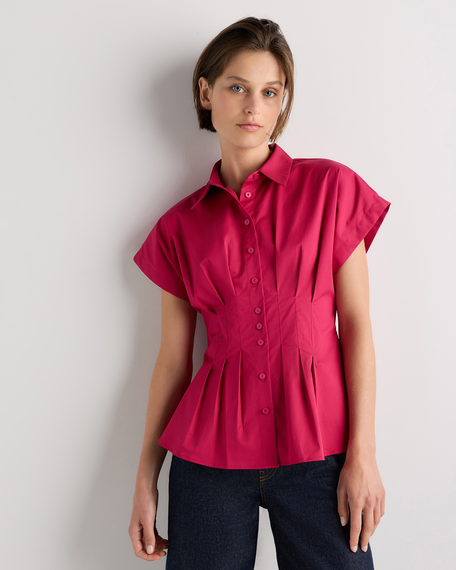 Amaranth Pink Stretch Twill Pleated Short Sleeve Shirt 