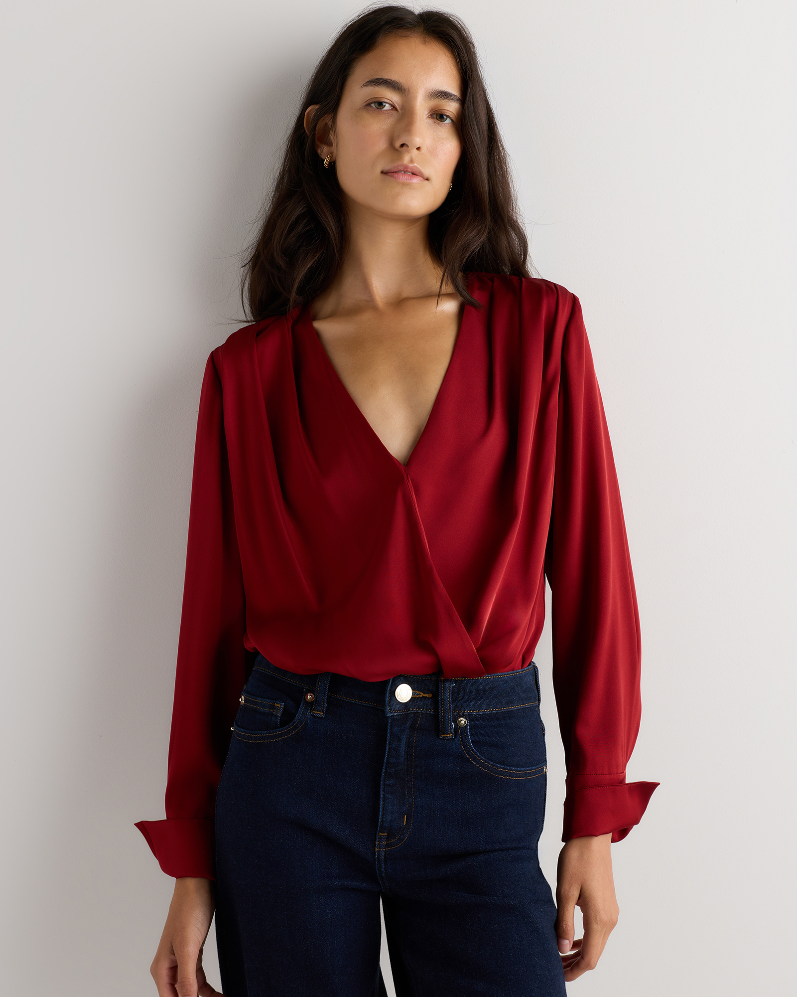 Clay Red Washable Stretch Silk Surplice Bodysuit