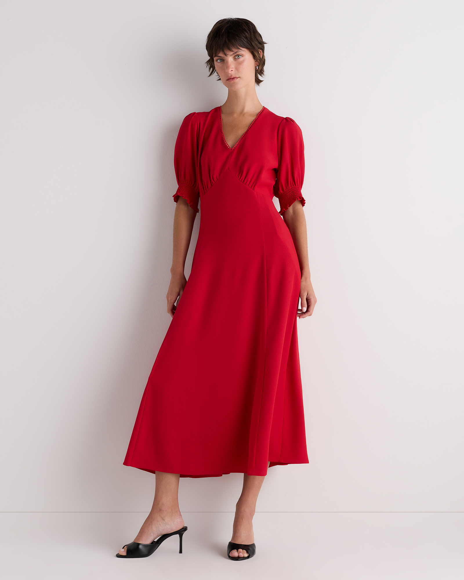 Ruby Red Matte Crepe Puff Sleeve Midi Dress