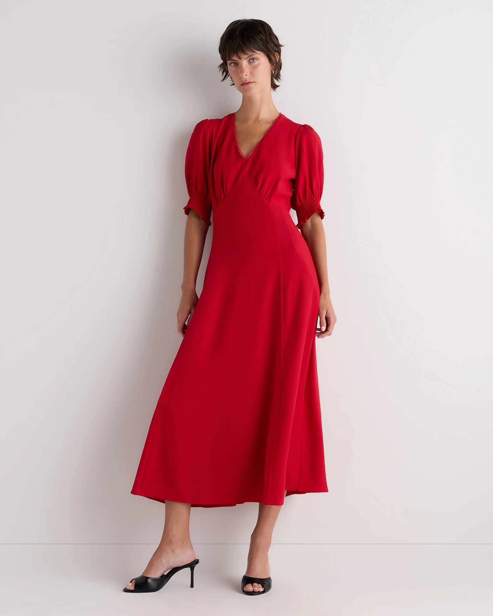 Matte Crepe Puff Sleeve Midi Dress