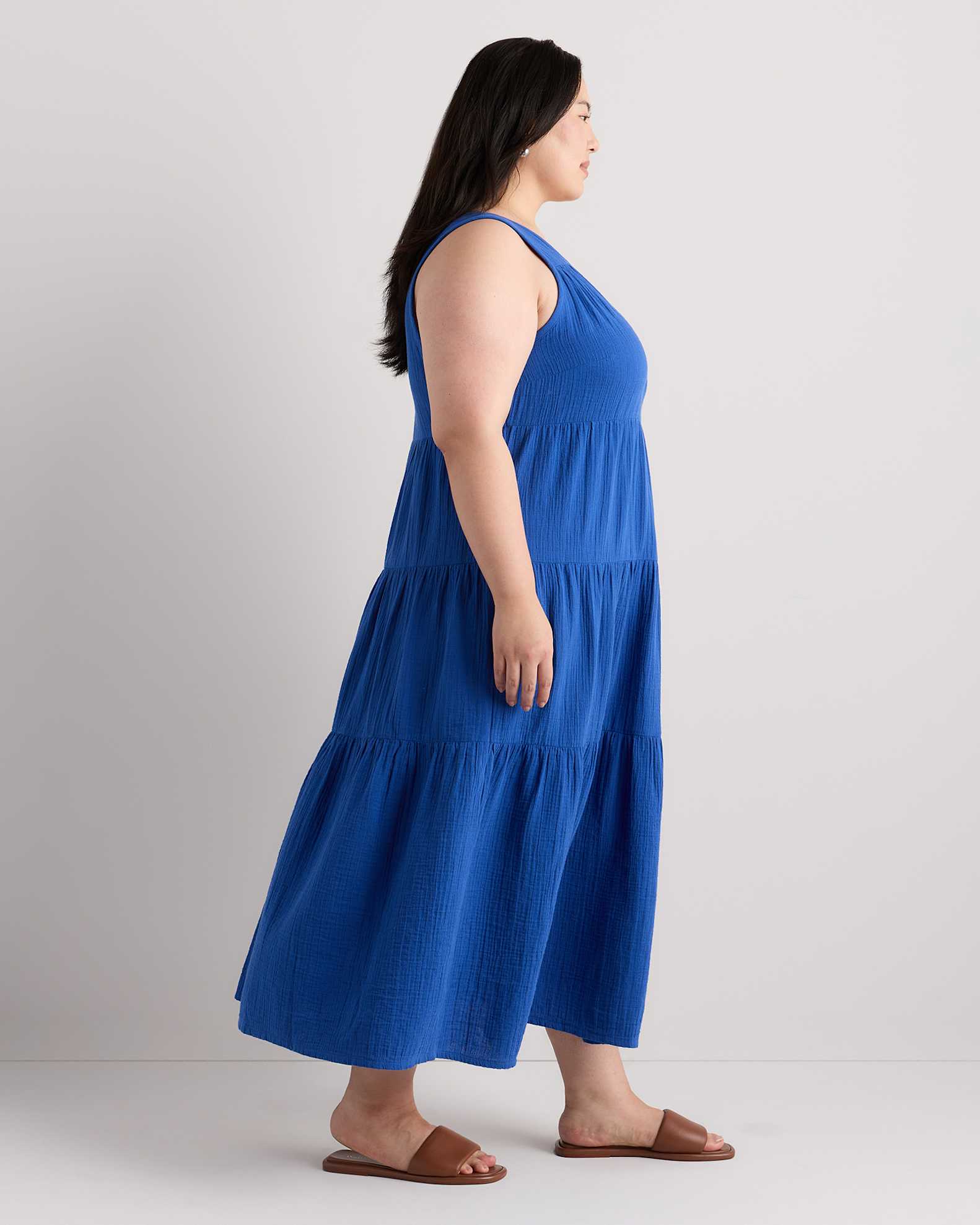 Extended Sizes 100% Organic Cotton Gauze Tiered Maxi Dress - Plus Size in Orchid Blue Extended Sizes 100% Organic Cotton Gauze Tiered Maxi Dress - Plus Size in Orchid Blue