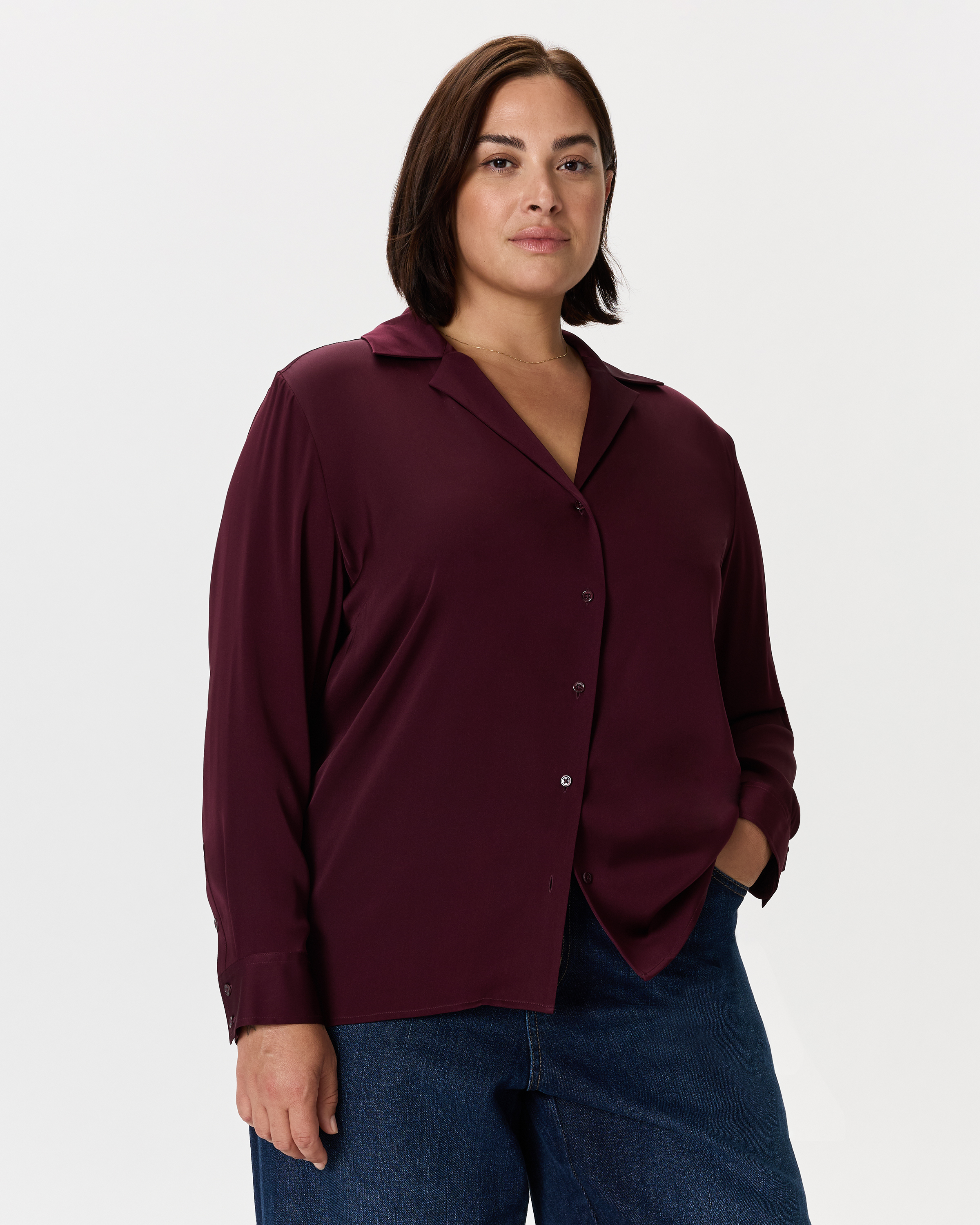 Wine Tasting Red Washable Stretch Silk Notch Collar Blouse