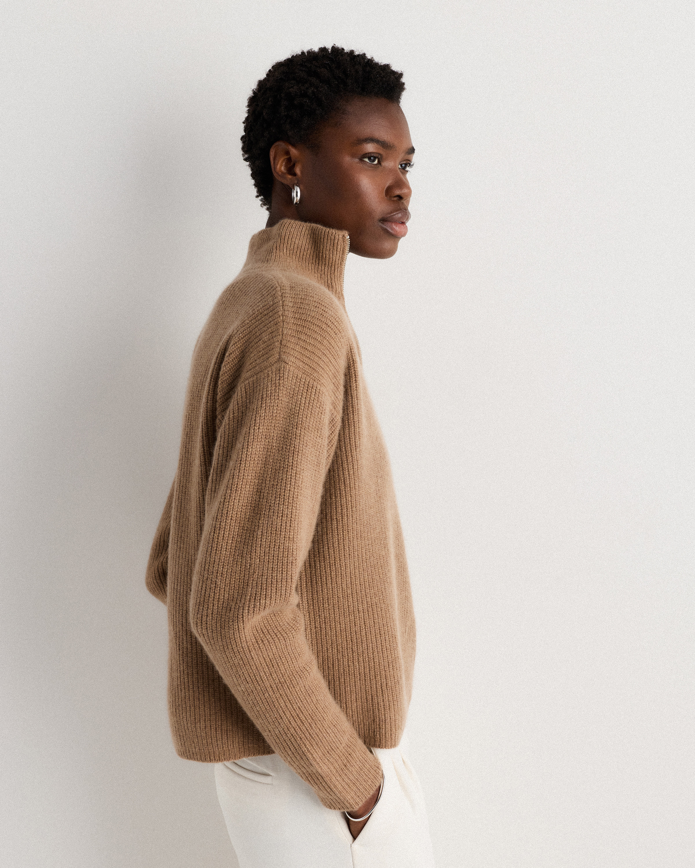 Mongolian Cashmere Fisherman Quarter Zip Sweater in Teak