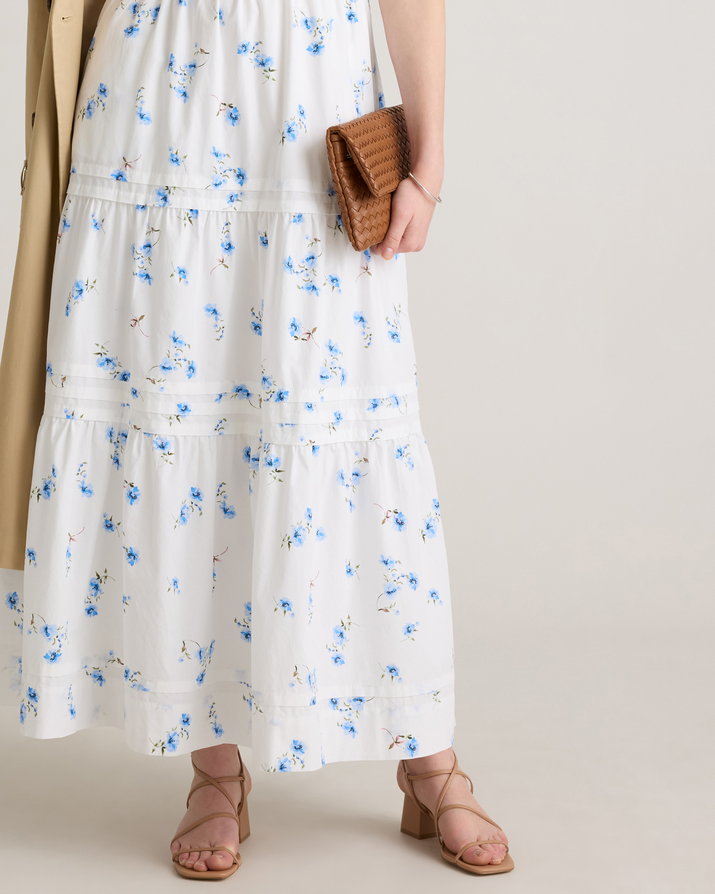 Quince Women's Poplin Tiered Maxi Dress, Romantic Stems Design, Size Medium, 100% Organic Cotton, V-Neck with Pockets