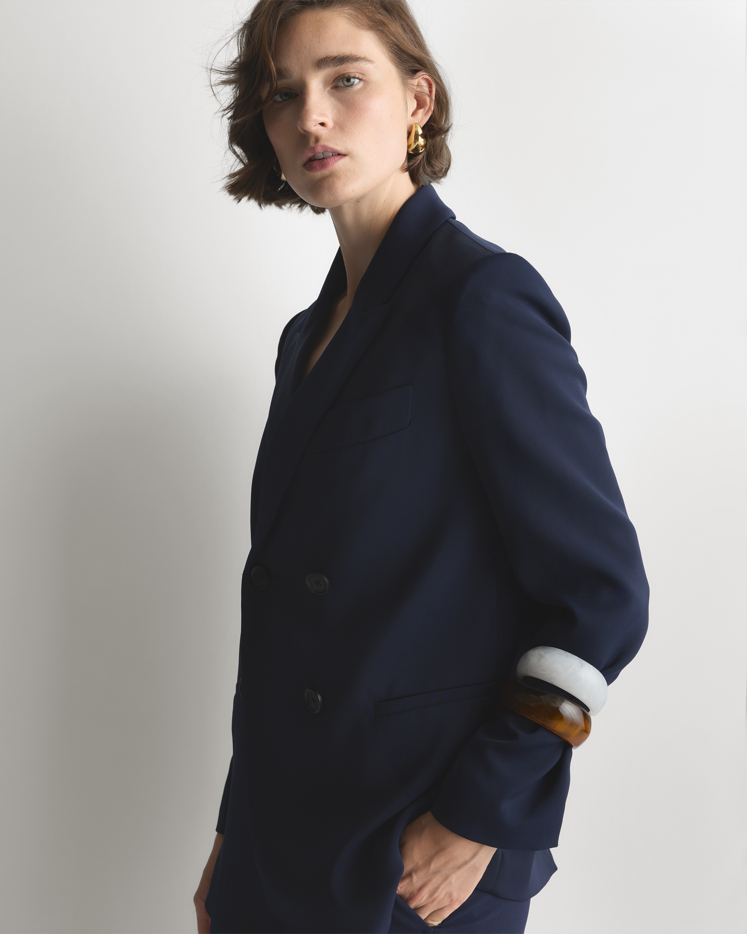 Stretch Crepe Double-Breasted Blazer in Navy