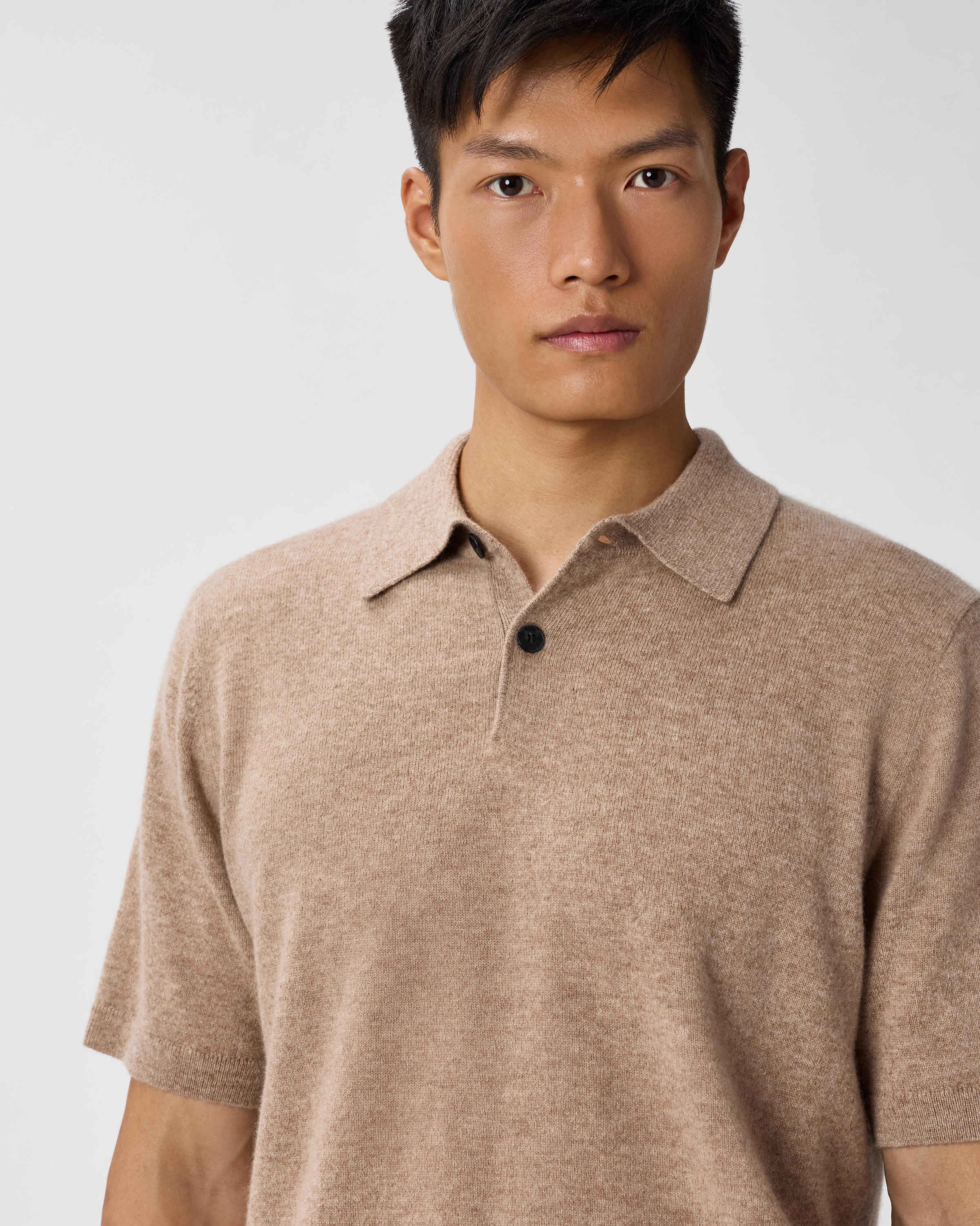 100% Mongolian Cashmere Short Sleeve Polo Sweater in Oatmeal