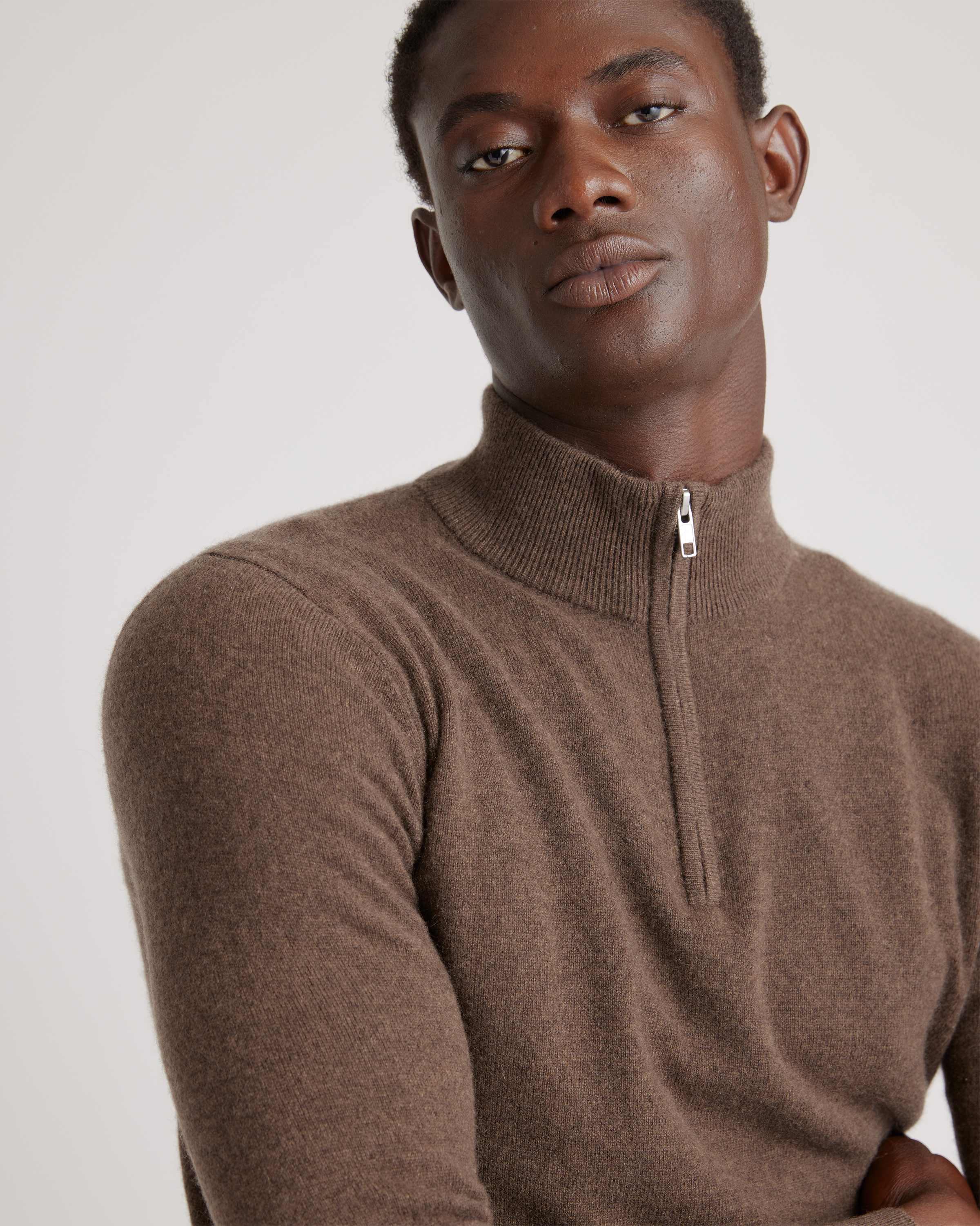Mongolian Cashmere Quarter Zip Sweater in Brown