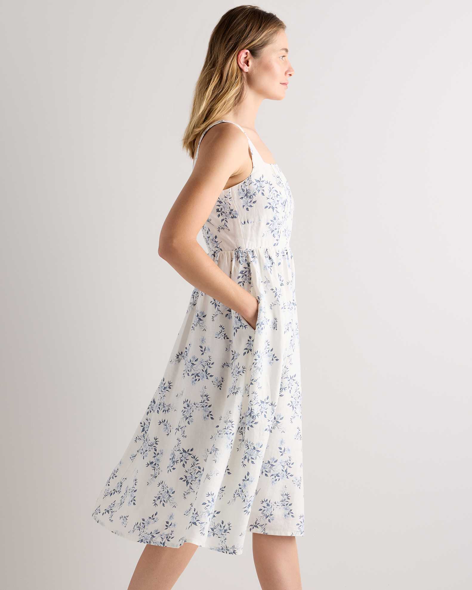 100% European Linen Fit & Flare Midi Dress in Ivory Porcelain Blue Petite Floral 100% European Linen Fit & Flare Midi Dress in Ivory Porcelain Blue Petite Floral