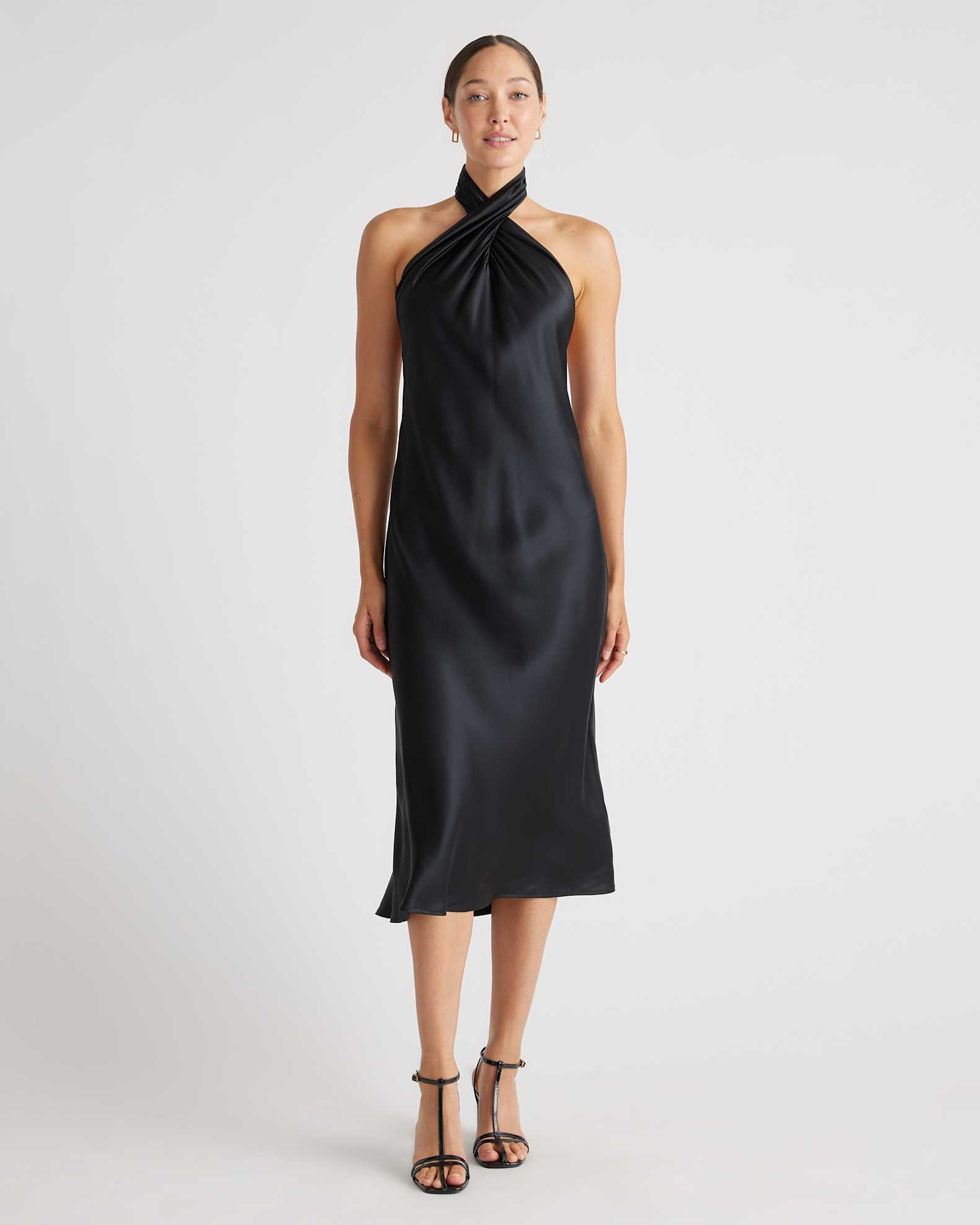 quince silk midi dress Quince Women's Washable Stretch Silk High Neck Midi Dress, Caper Eclipse, Size XL, Hypoallergenic & Thermoregulating Mulberry Silk