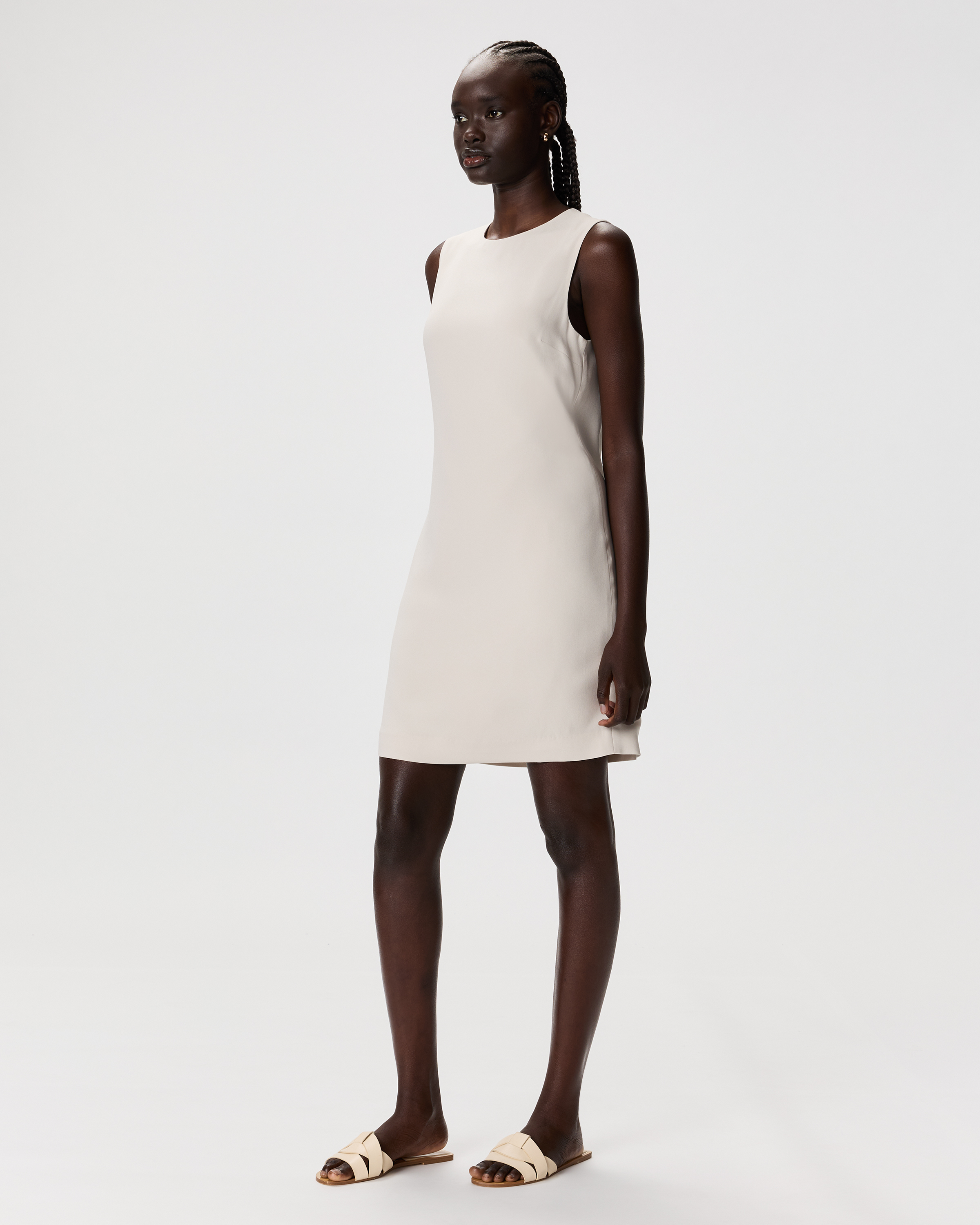 Fluid Crepe Sleeveless Mini Dress in Sand